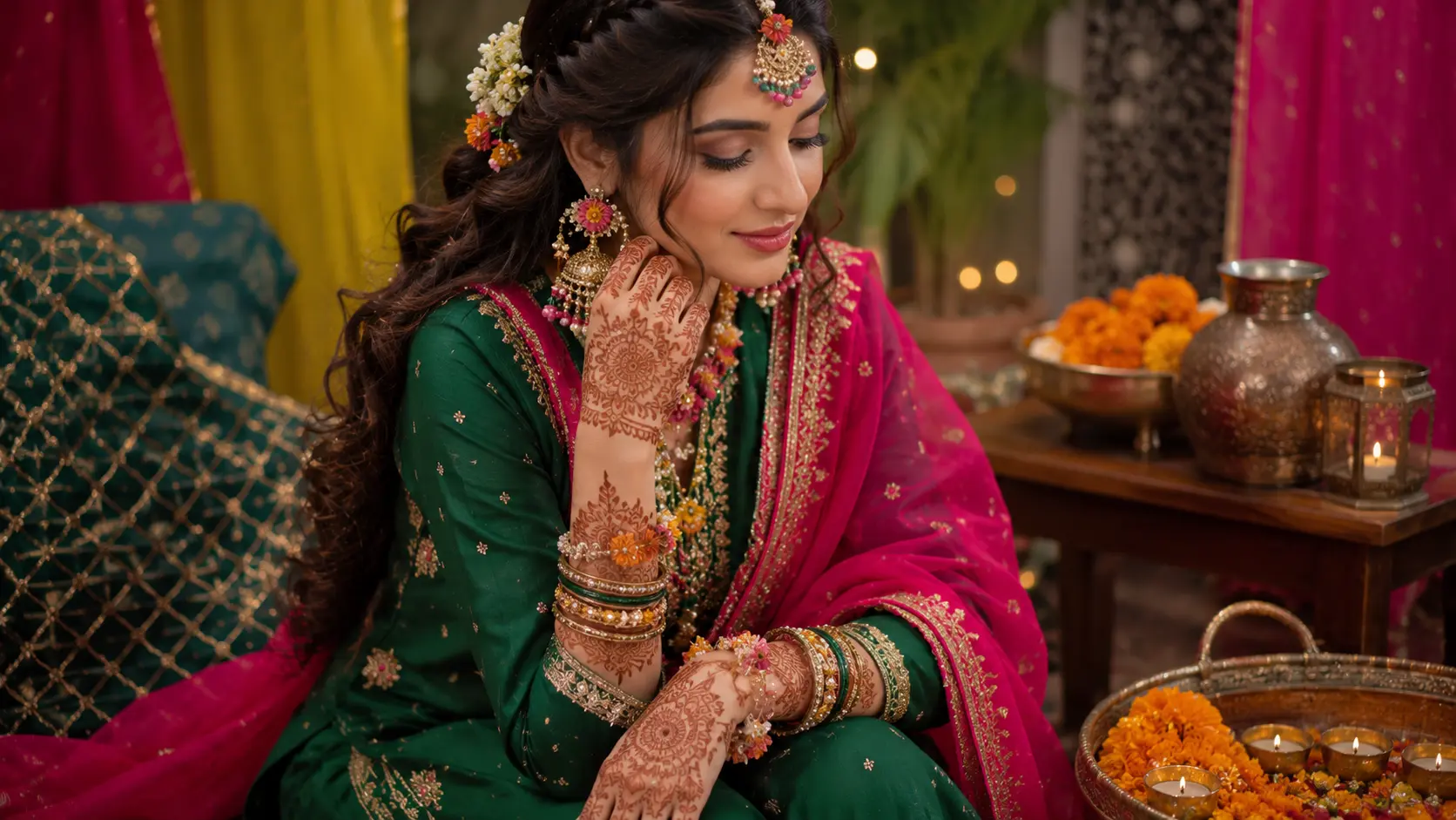 Best Artificial Jewellery for Wedding Guests in Pakistan 4 Mehndi outfit styled with colorful jhumkas bangles and festive artificial jewellery