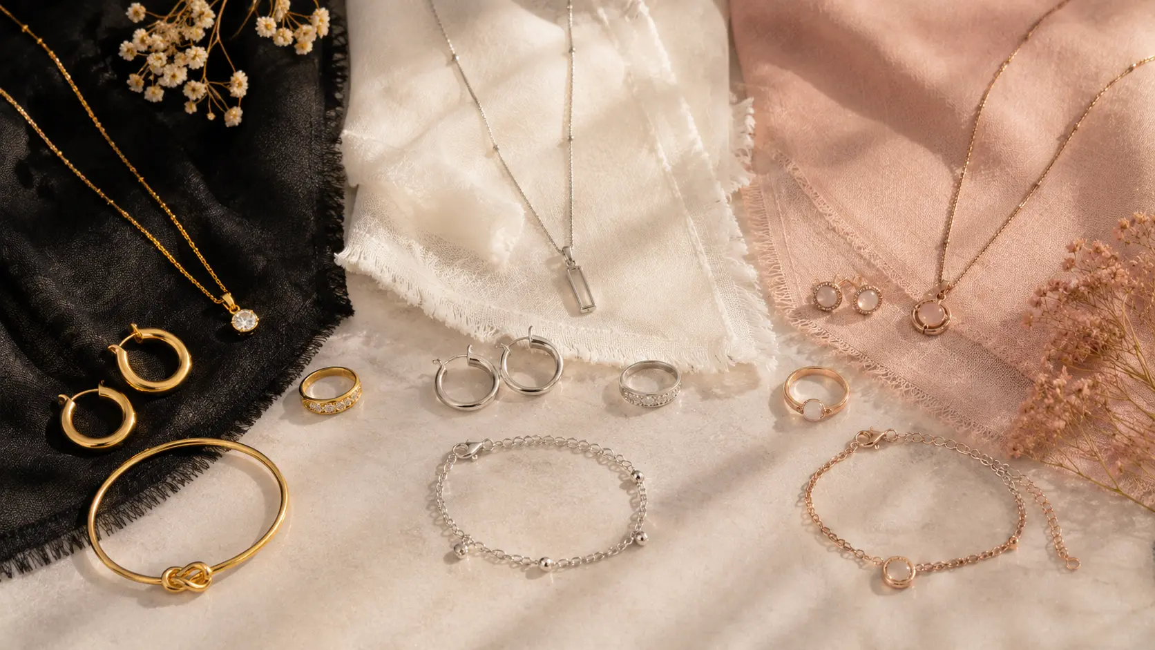 What Jewellery to Wear with Black, White and Pastel Outfits? 2 Gold silver and rose gold jewellery paired with black white and pastel fabric colors