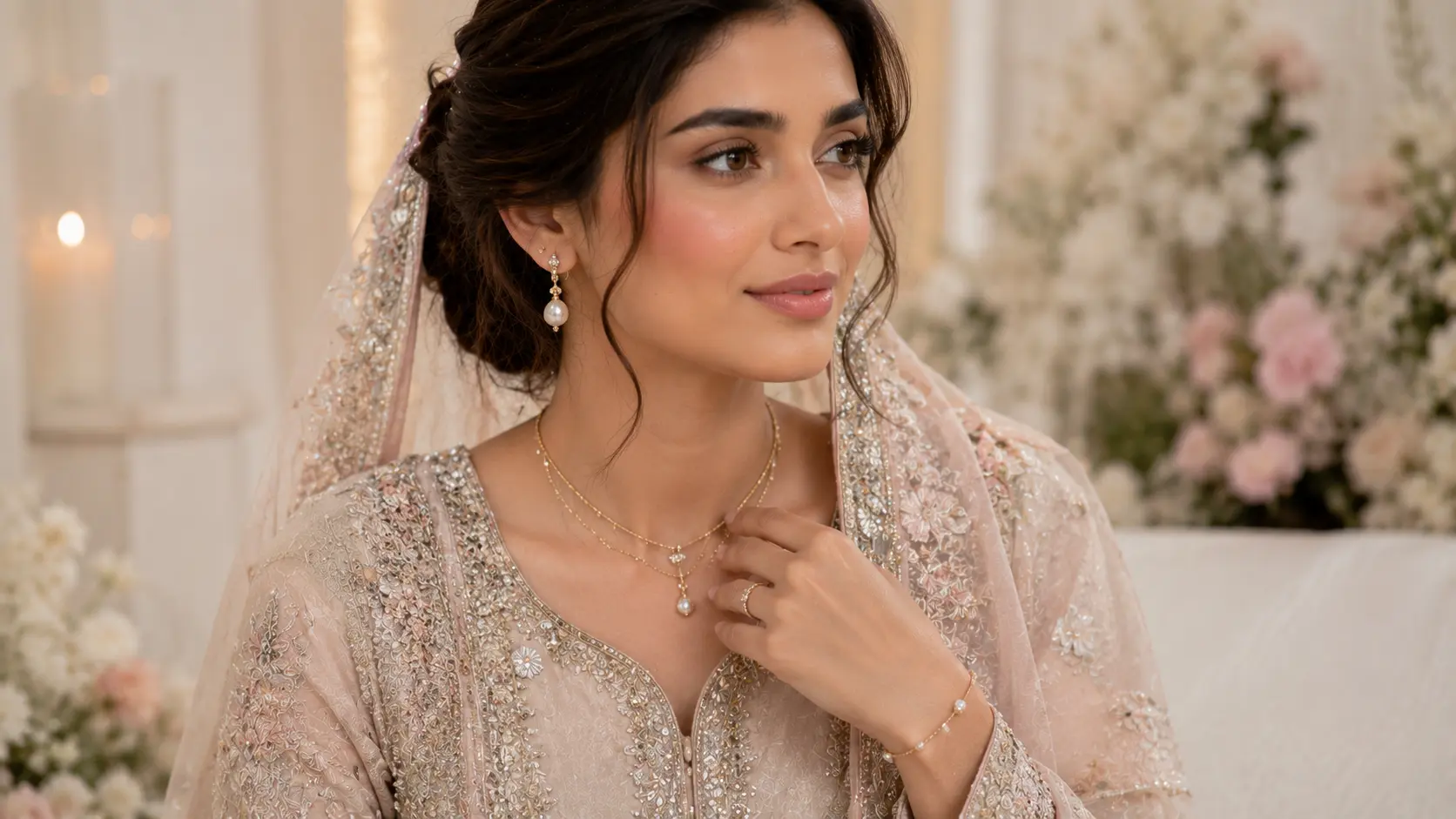 Minimal Jewellery Trends in Pakistan for Girls in 2026 5 Pakistani bride wearing delicate minimal jewellery with pastel Mehndi outfit and soft styling
