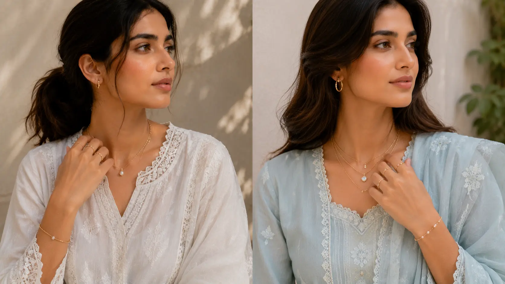 Minimal Jewellery Trends in Pakistan for Girls in 2026 6 Pakistani outfits styled with matching minimal jewellery including hoops chains and rings