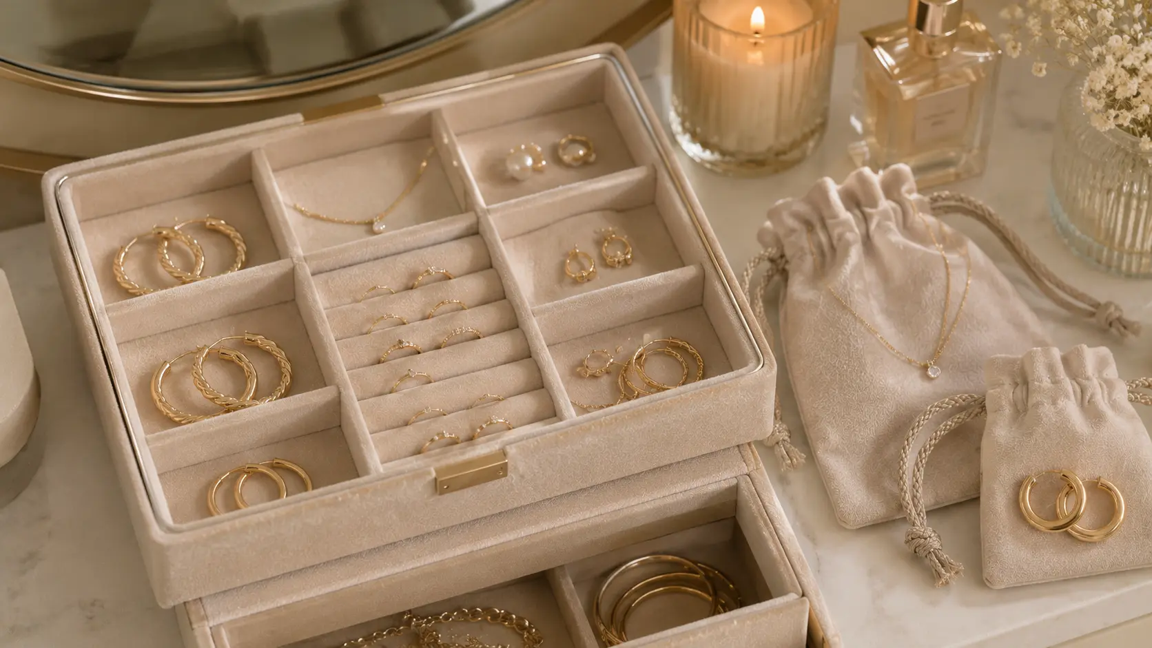 Minimal Jewellery Trends in Pakistan for Girls in 2026 7 Minimal jewellery stored neatly in velvet compartments and pouches for safe long term care