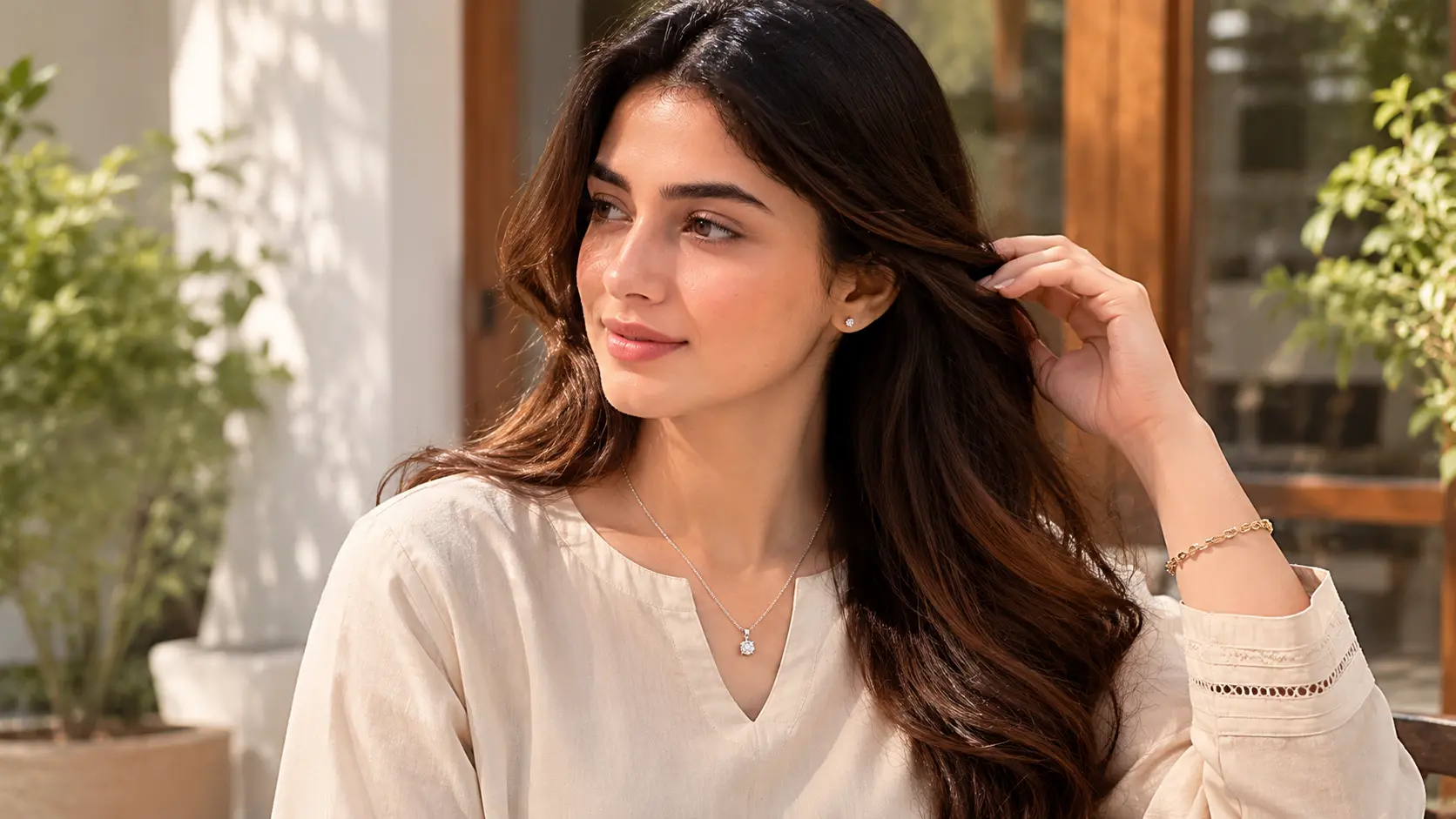 Best Artificial Jewellery for Daily Wear in Pakistan 4 Pakistani woman wearing delicate pendant chain with simple daily outfit styling