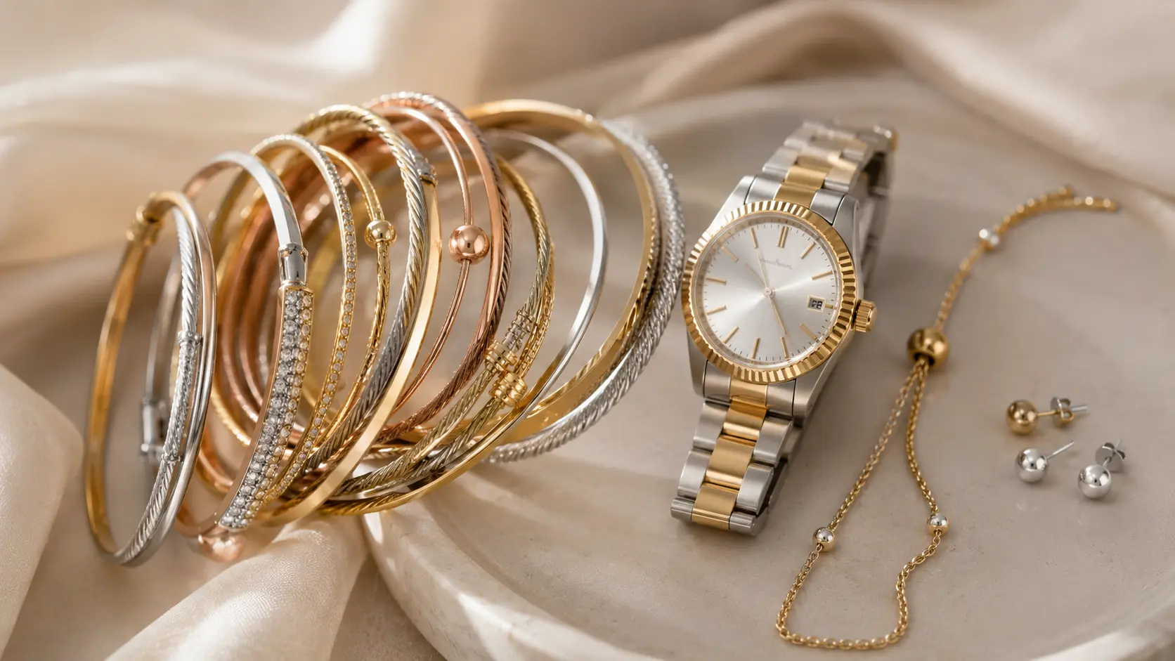 How to Style Bangles with Watches and Bracelets? A Simple Jewellery Guide 4 Coordinated mixed metal bangles bracelets and watch styled in balanced jewellery flat lay