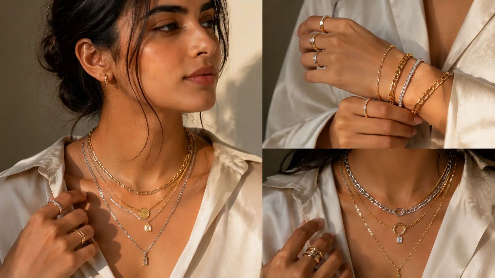How to Choose Jewelry That Matches Your Skin Tone? 6 Mixed metal jewellery styling with layered gold and silver accessories in cohesive fashion look