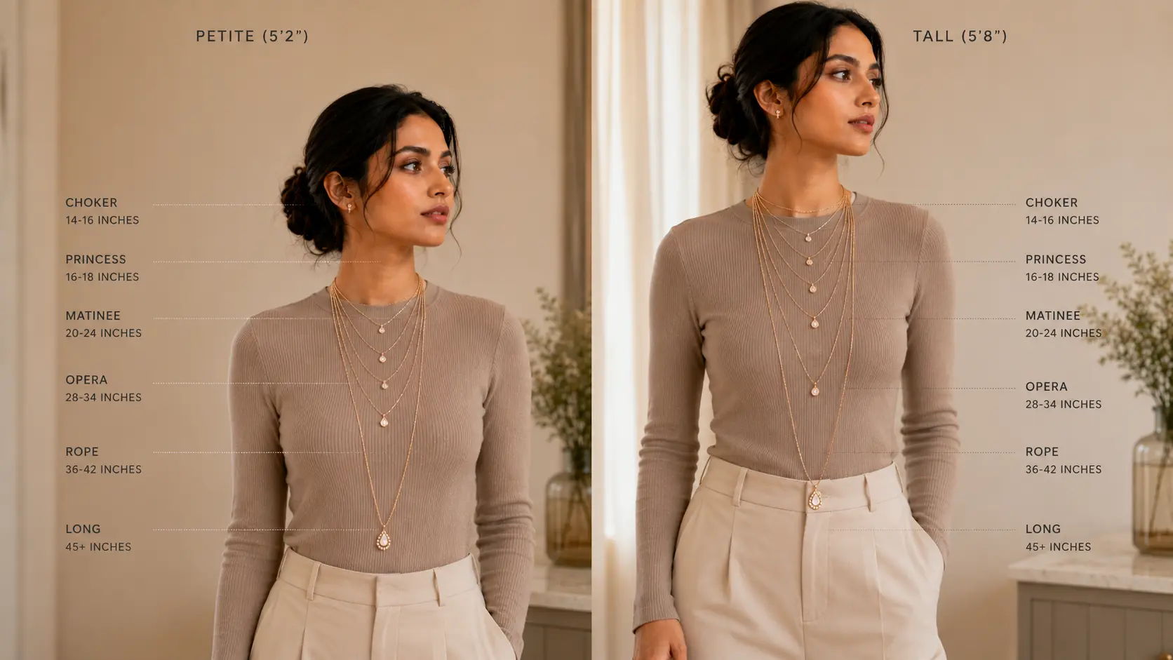 How to Choose the Right Necklace Length for Your Neckline? 5 Different necklace lengths styled on petite and tall women for balanced outfit proportions