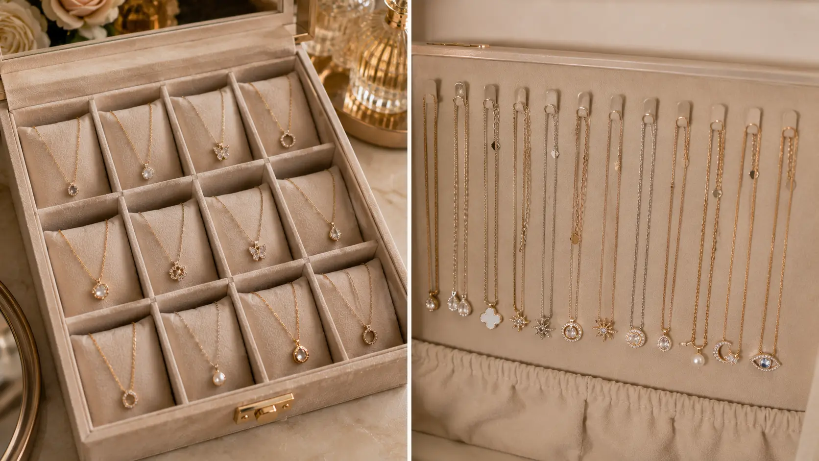 How to Store Artificial Jewellery at Home Without Damage? 4 Necklaces stored separately in compartments and hooks to prevent tangling and knots