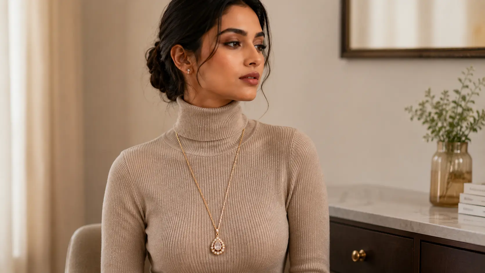How to Choose the Right Necklace Length for Your Neckline? 4 Long pendant necklace styled over high neck sweater in modern editorial fashion look