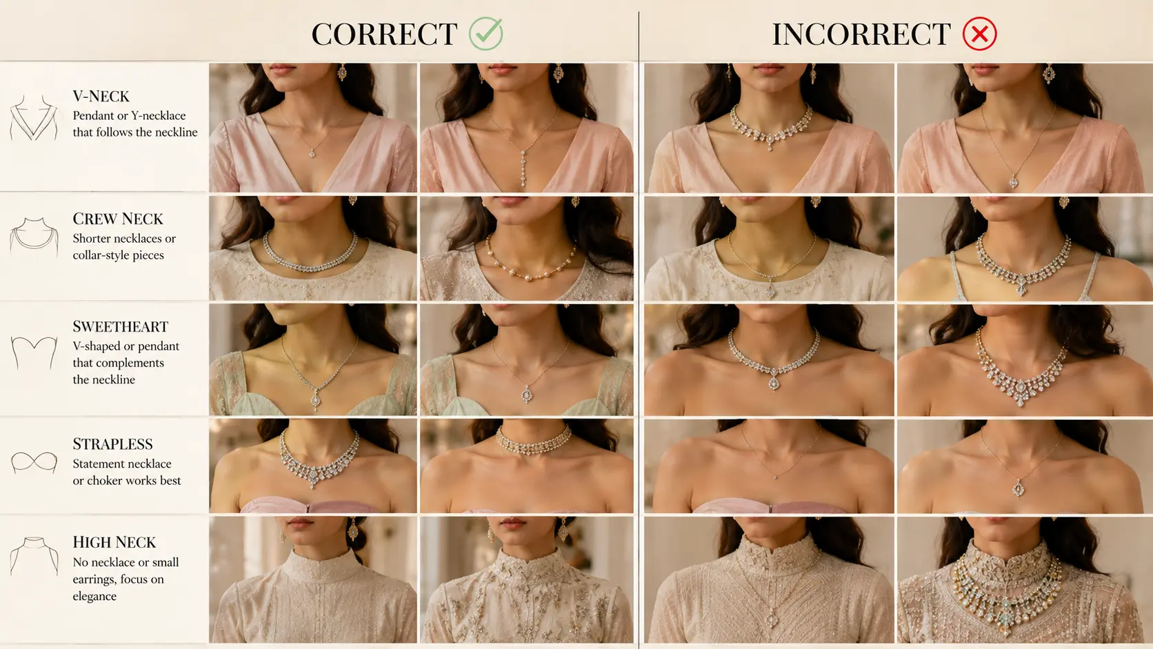 Common Jewellery Mistakes That Make Your Outfit Look Overdone 3 Neckline and jewellery placement comparison showing balanced and crowded styling choices