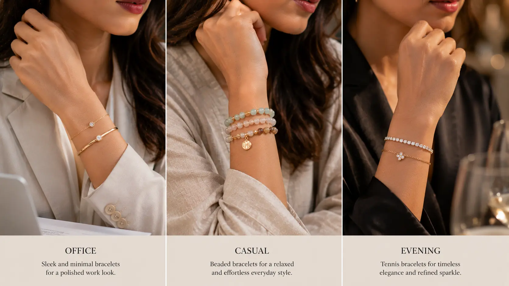 Bracelet Styling Guide for Women 7 Office casual and evening bracelet styles compared in elegant editorial setup