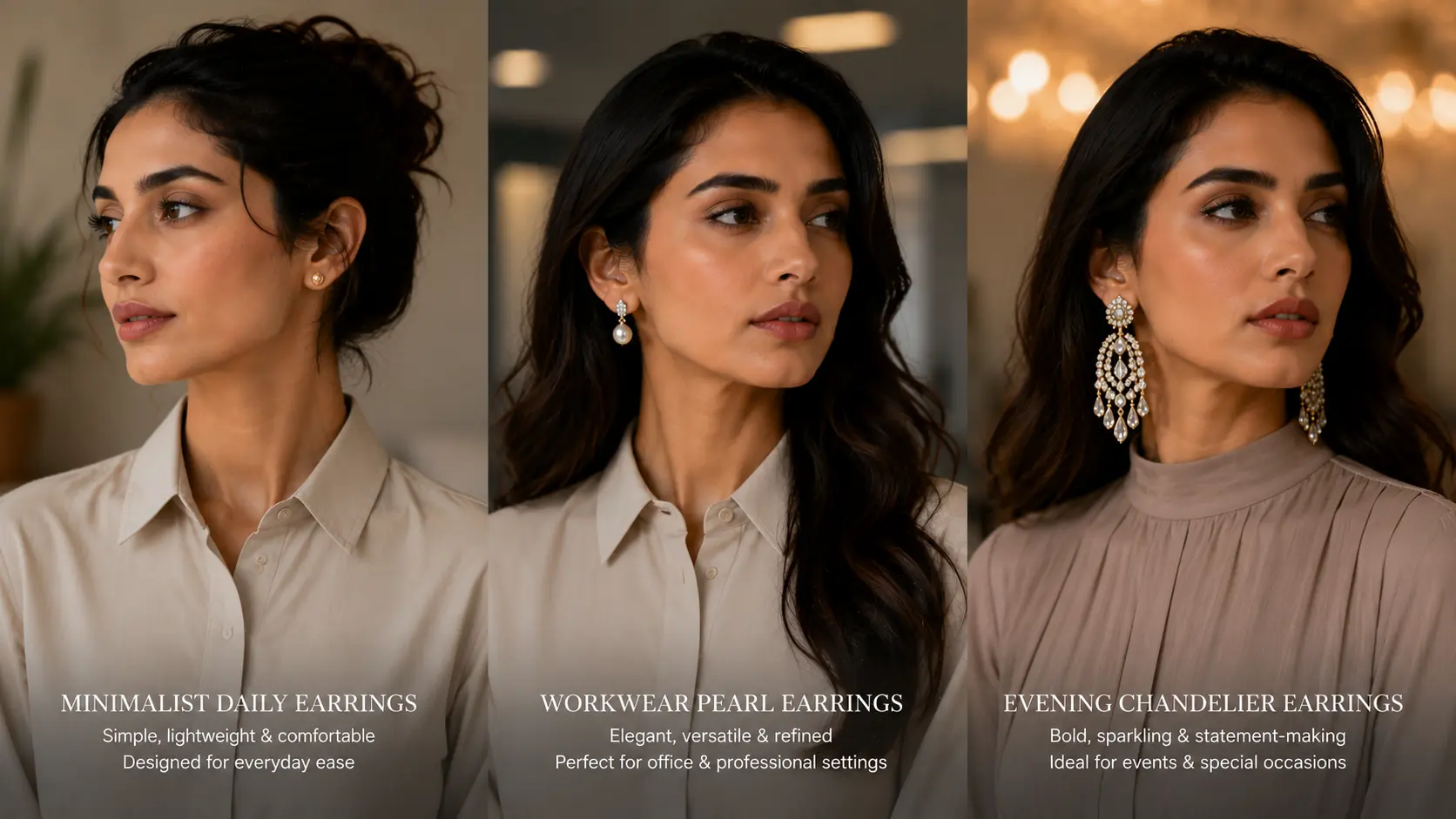 How to Choose Earrings for Short Hair, Long Hair and Hijab Styles? 7 Everyday workwear and evening earring styles displayed in editorial fashion comparison