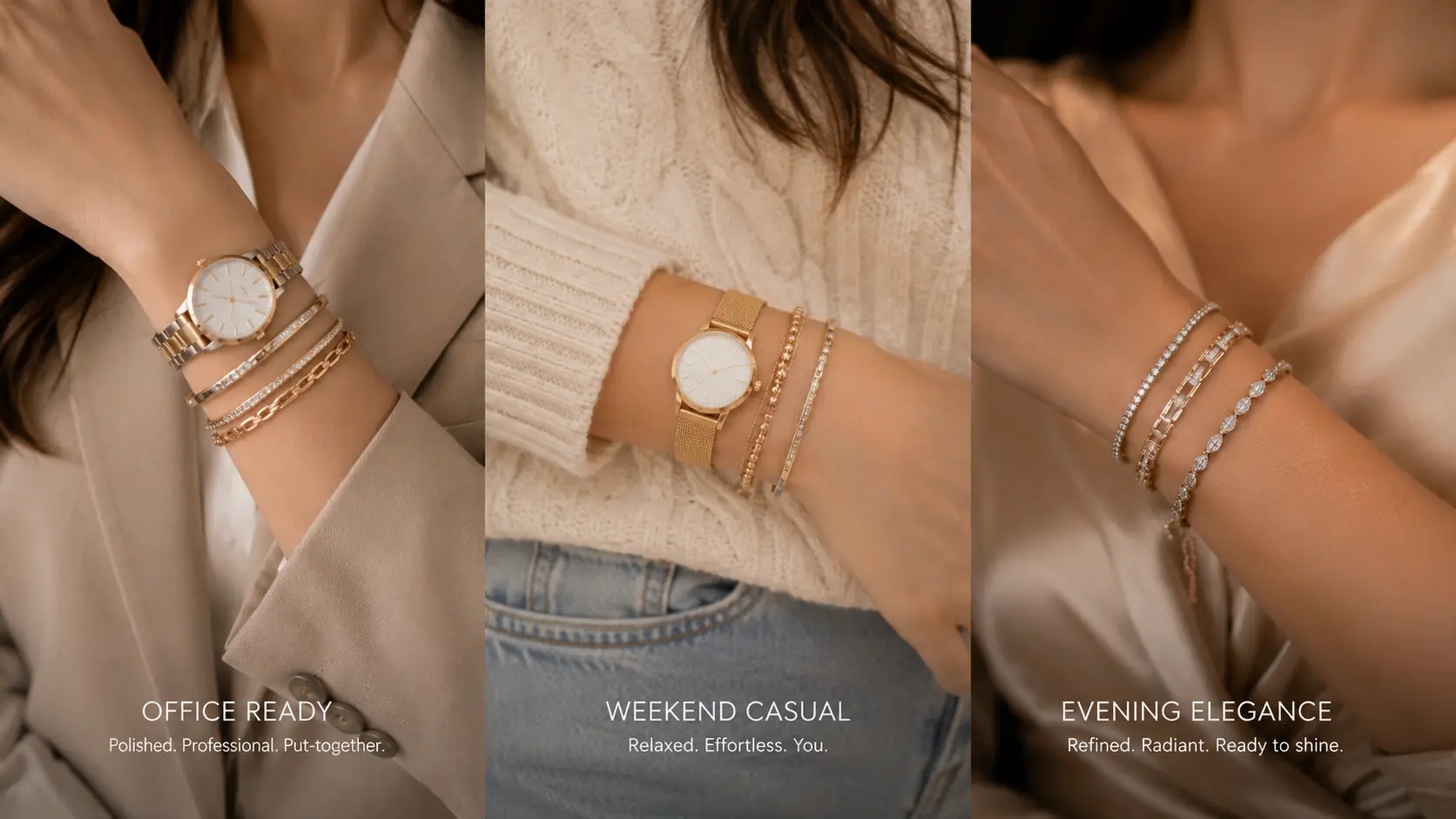 How to Style Bangles with Watches and Bracelets? A Simple Jewellery Guide 8 Office casual and evening jewellery stacks compared in elegant editorial styling setup