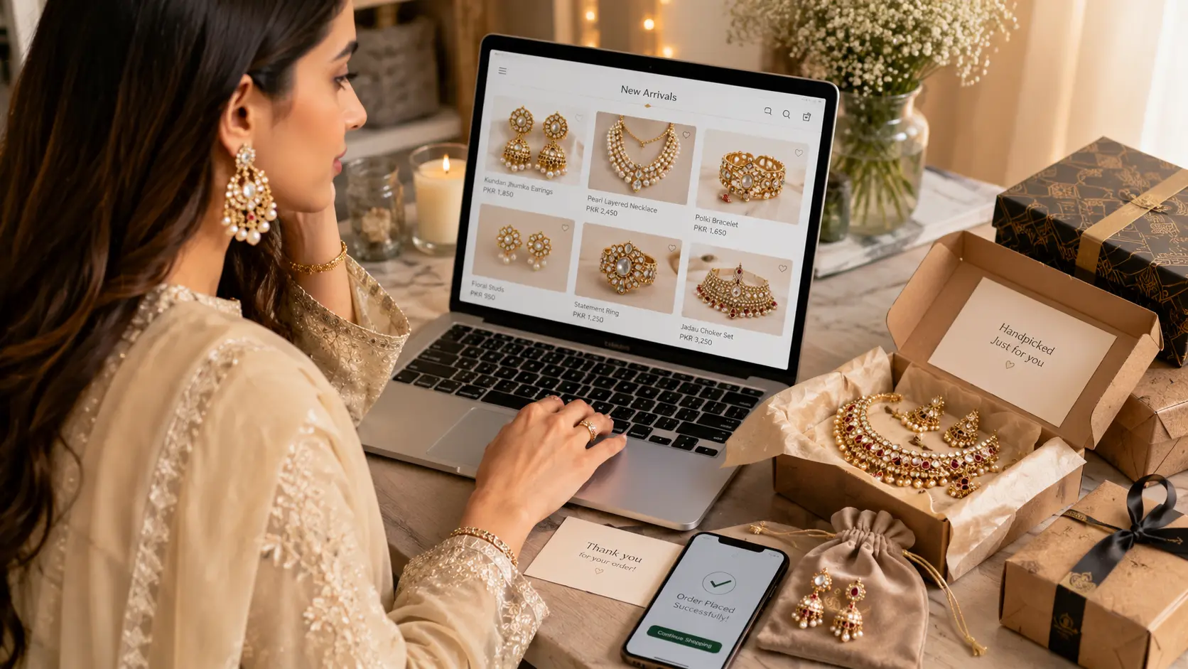 Artificial Jewellery Buying Guide in Pakistan 6 Woman shopping artificial jewellery online beside safely packaged jewellery accessories and boxes