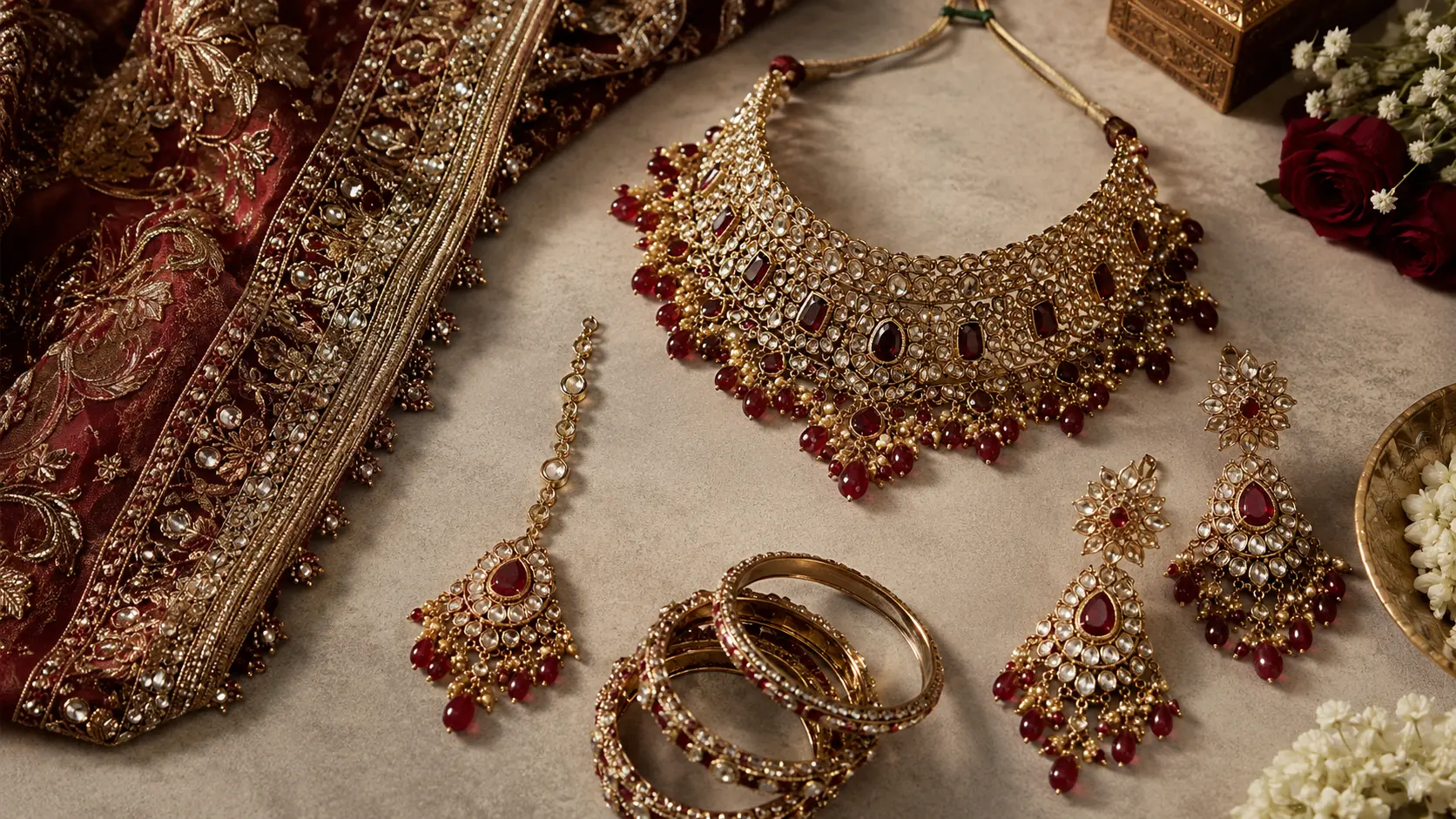 Bridal Jewellery Set in Pakistan: Mehndi to Walima Guide 2 Pakistani bridal jewellery set arranged with embroidered bridal fabric showing coordinated wedding accessories
