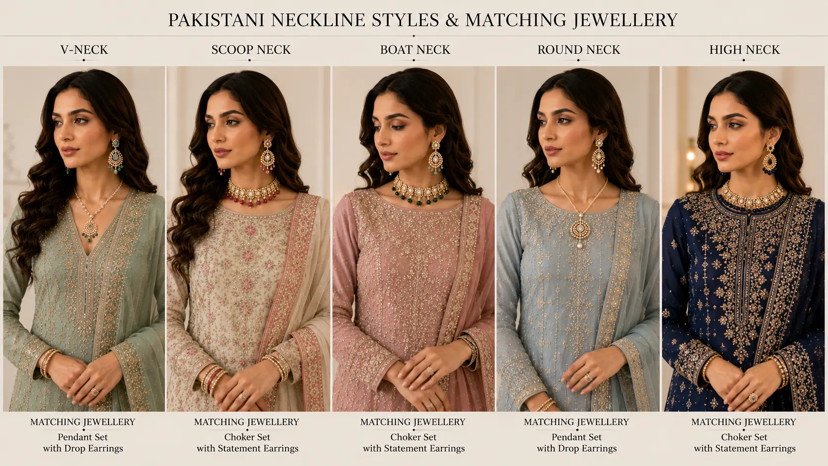 How to Match Jewellery with Pakistani Dresses 2 Pakistani neckline styles paired with matching jewellery combinations for balanced festive styling