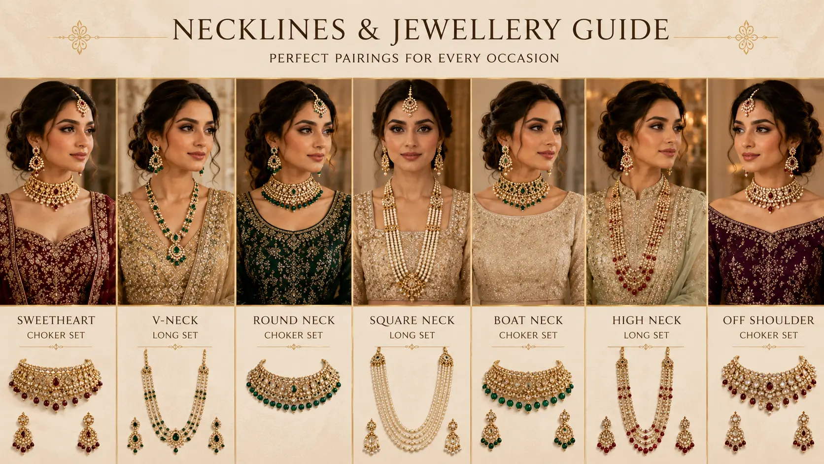 Best Eid Jewellery in Pakistan: Earrings, Bangles & Necklace Sets 5 Pakistani neckline styles paired with matching necklace sets for elegant Eid jewellery styling
