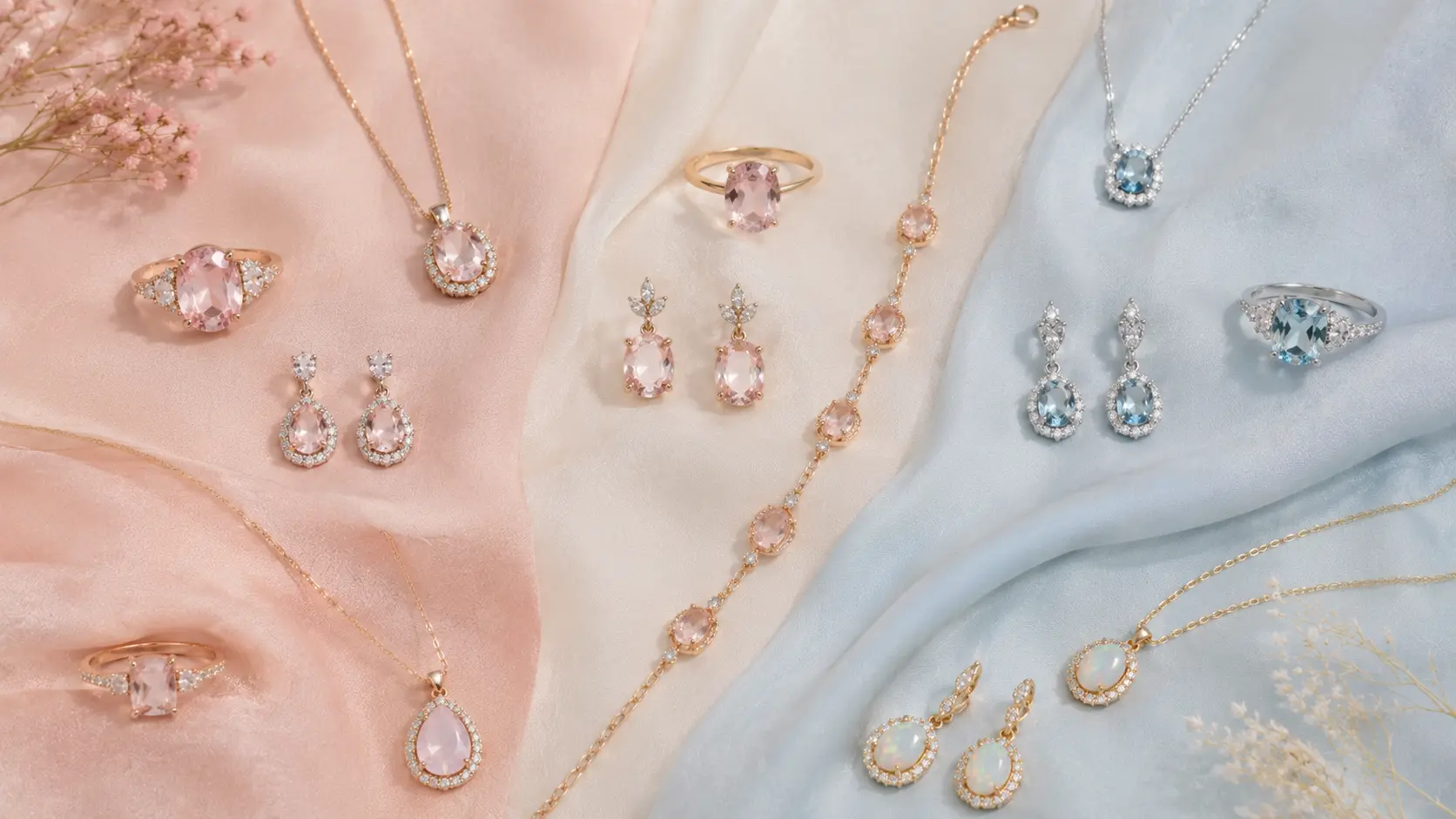 What Jewellery to Wear with Black, White and Pastel Outfits? 5 Pastel-inspired jewellery with morganite rose quartz aquamarine and opal gemstone accents