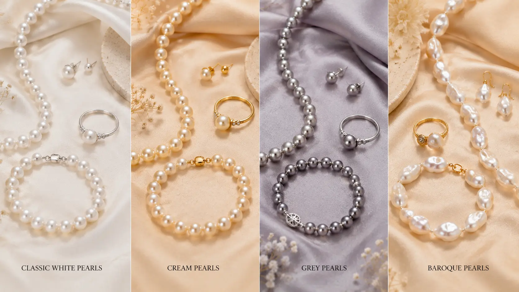 Pearl Jewellery Styling Ideas for Pakistani Outfits 2 White cream grey and baroque pearls displayed in elegant editorial jewellery comparison