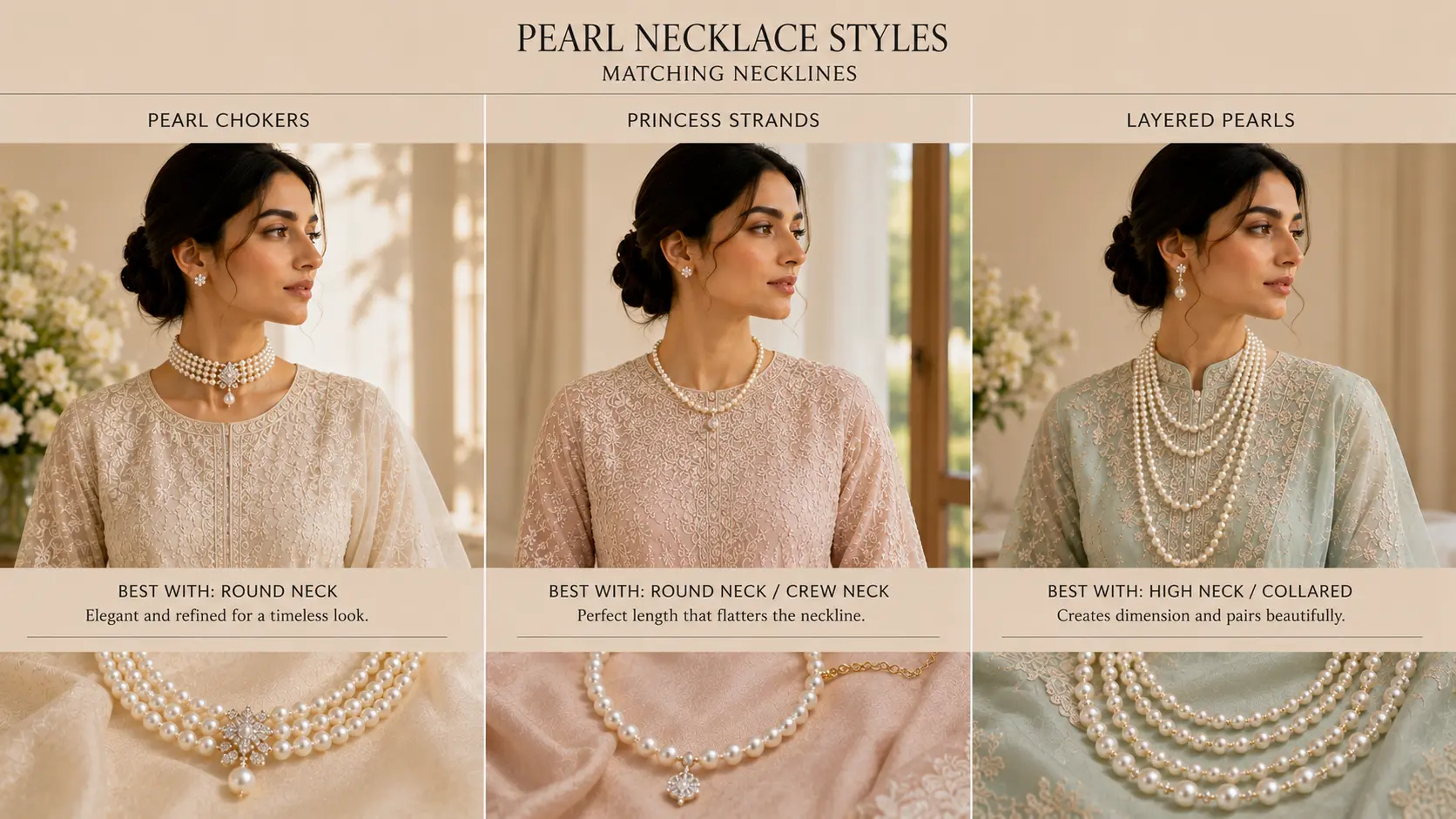 Pearl Jewellery Styling Ideas for Pakistani Outfits 4 Pearl necklace lengths matched with different Pakistani outfit neckline styles