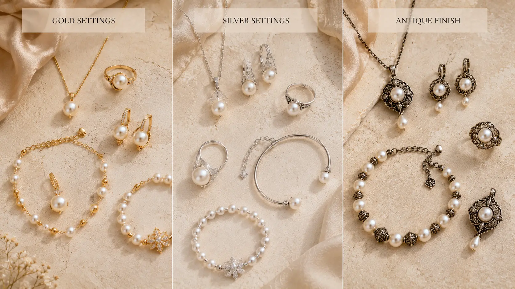 Pearl Jewellery Styling Ideas for Pakistani Outfits 8 Pearl jewellery with gold silver and antique metal settings displayed elegantly