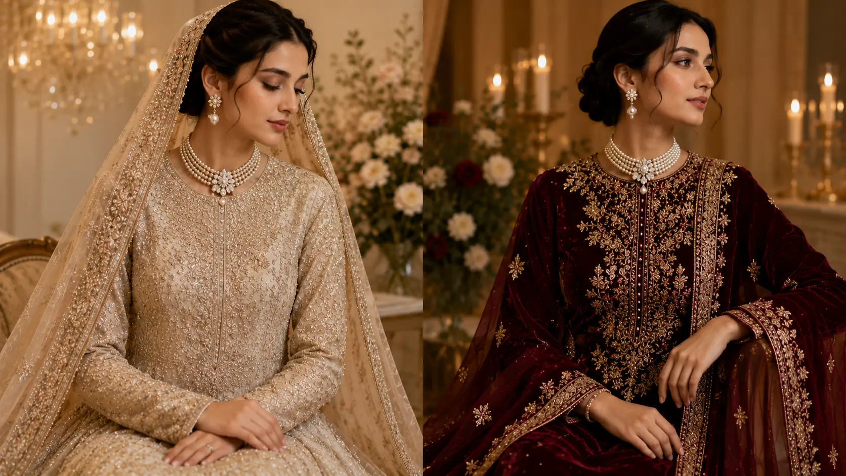 Pearl Jewellery Styling Ideas for Pakistani Outfits 7 Pearl jewellery styled with embroidered lehenga and velvet maxi dress outfits