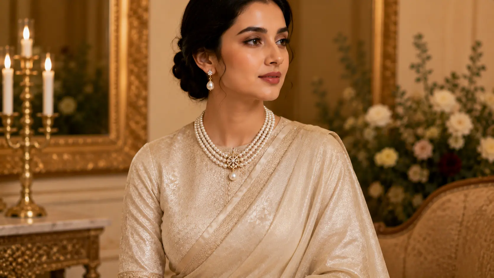 Pearl Jewellery Styling Ideas for Pakistani Outfits 6 Layered pearl necklace styled beautifully with silk saree in editorial fashion look