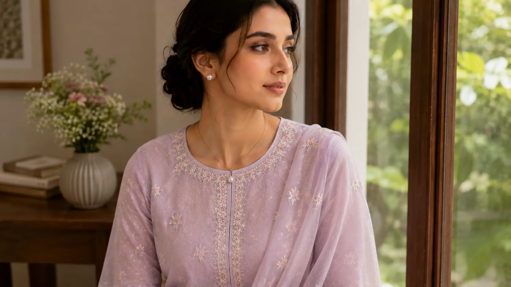 Pearl Jewellery Styling Ideas for Pakistani Outfits 5 Pearl jewellery styled elegantly with pastel Pakistani shalwar kameez outfit