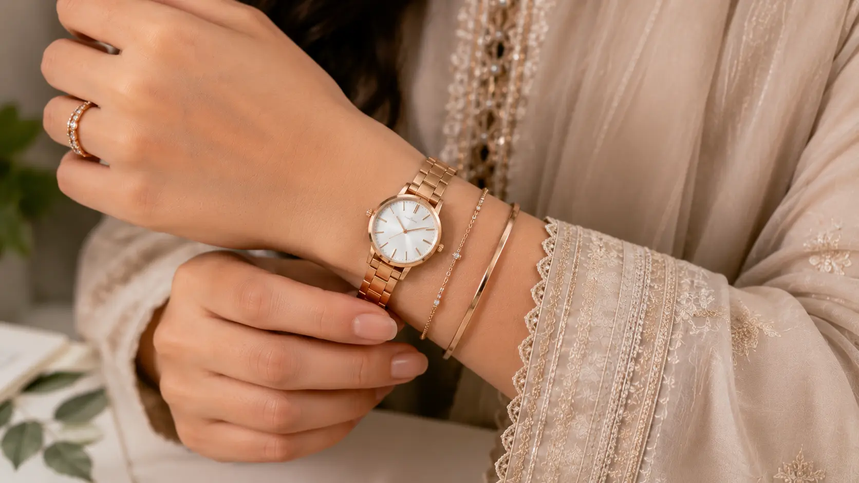 How to Style Bangles with Watches and Bracelets? A Simple Jewellery Guide 6 Correctly positioned watch bangles and bracelet layered neatly above the wrist bone