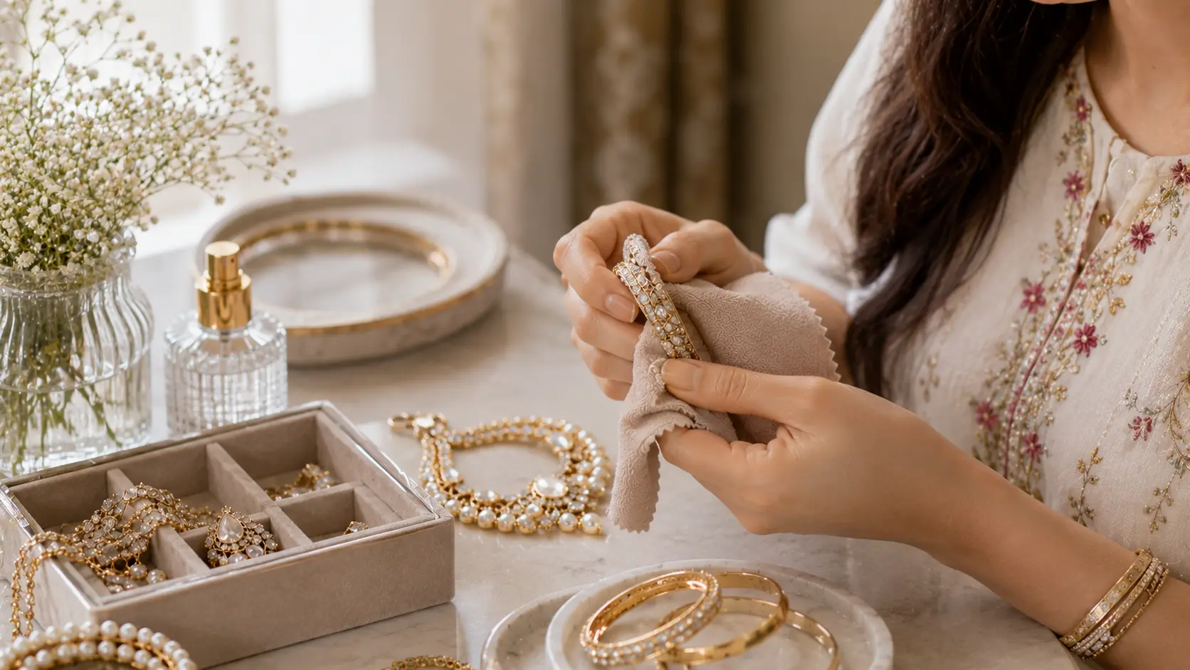 How to Clean Artificial Jewellery at Home Safely 6 Artificial jewellery being polished with dry microfiber cloth for long lasting shine and protection