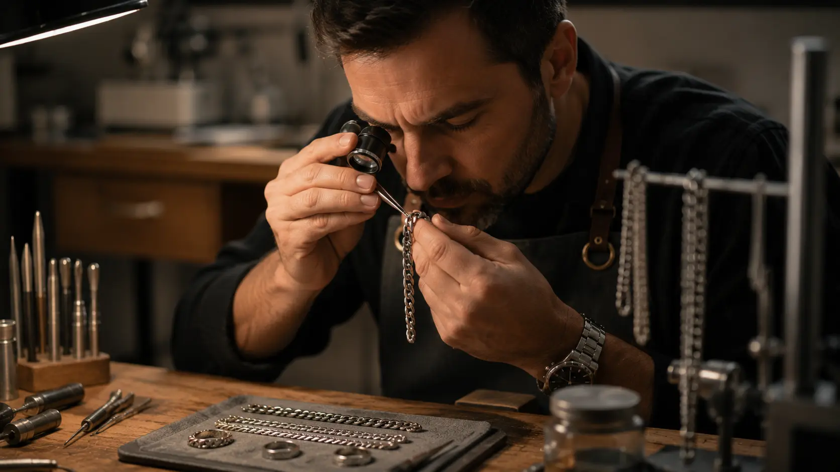 How to Clean Stainless Steel Jewelry and Keep It Shiny for Longer? 6 Professional jeweler inspecting damaged stainless steel jewelry for repair and refinishing assessment