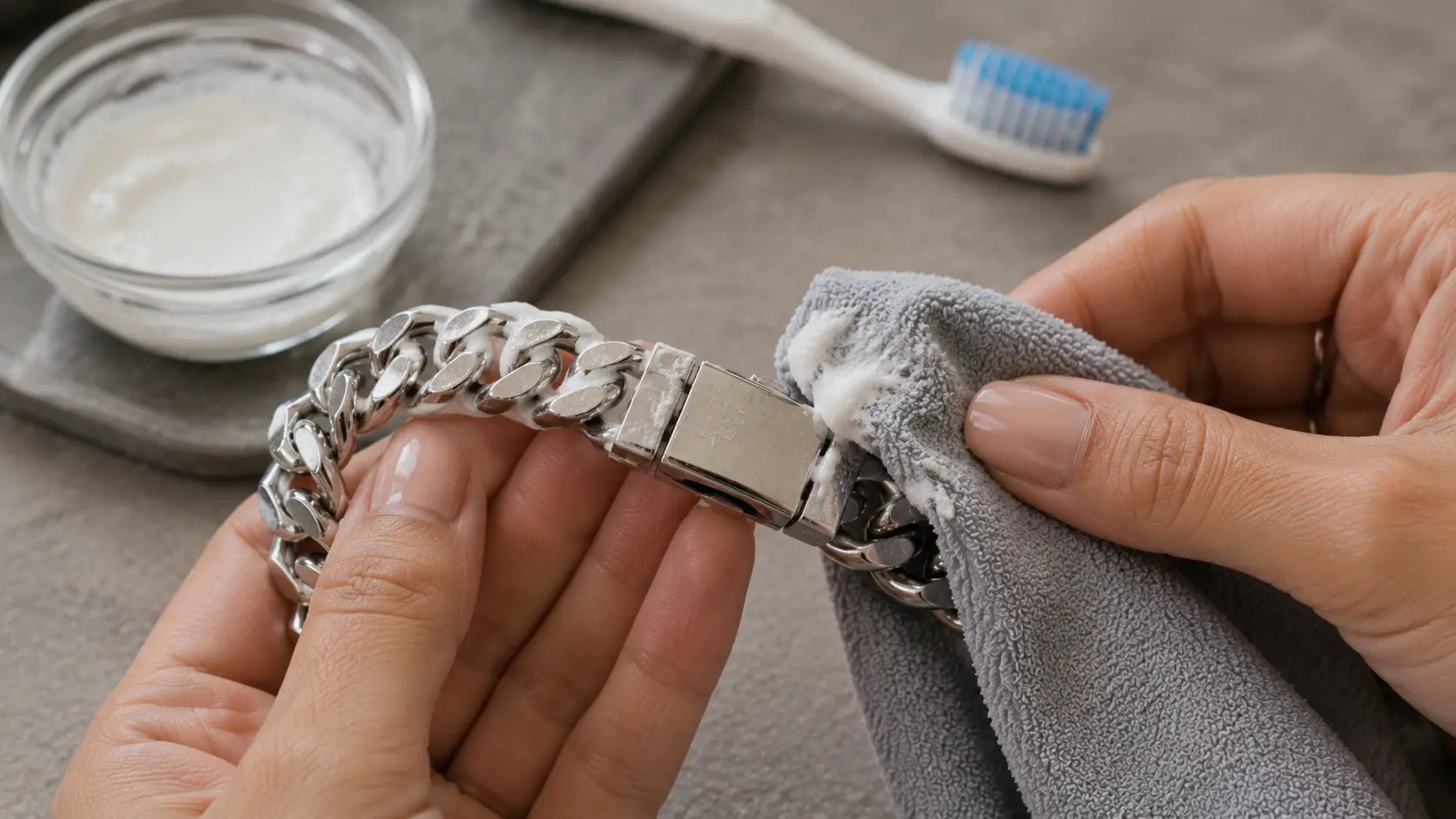 How to Clean Stainless Steel Jewelry and Keep It Shiny for Longer? 3 Stainless steel bracelet being polished gently to remove cloudy film and restore shine