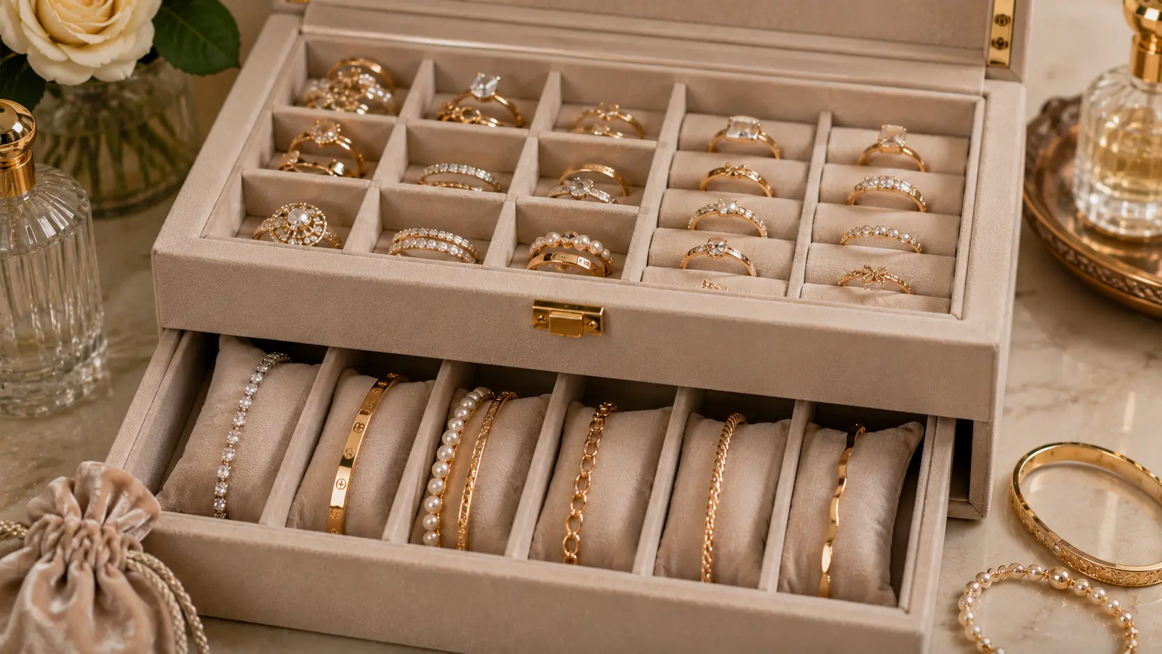 How to Store Artificial Jewellery at Home Without Damage? 5 Rings and bracelets stored separately with dividers to prevent scratches and damage