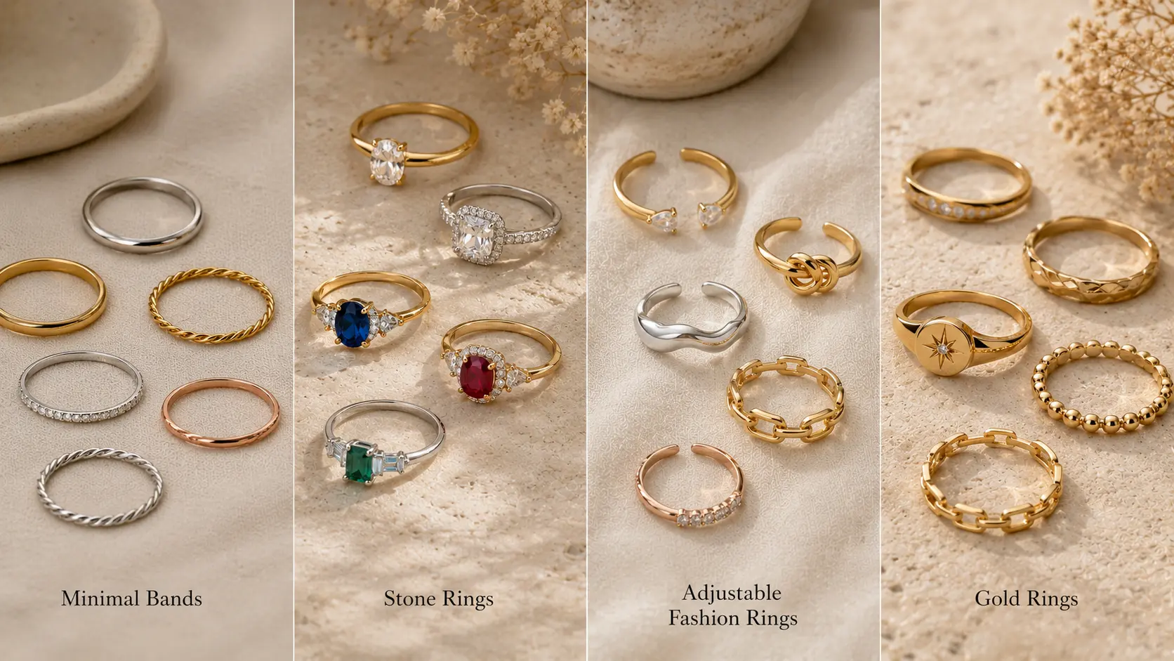 Best Rings for Girls in Pakistan: Simple and Fancy Styles 6 Minimal stone adjustable and gold rings displayed in organized jewellery comparison layout