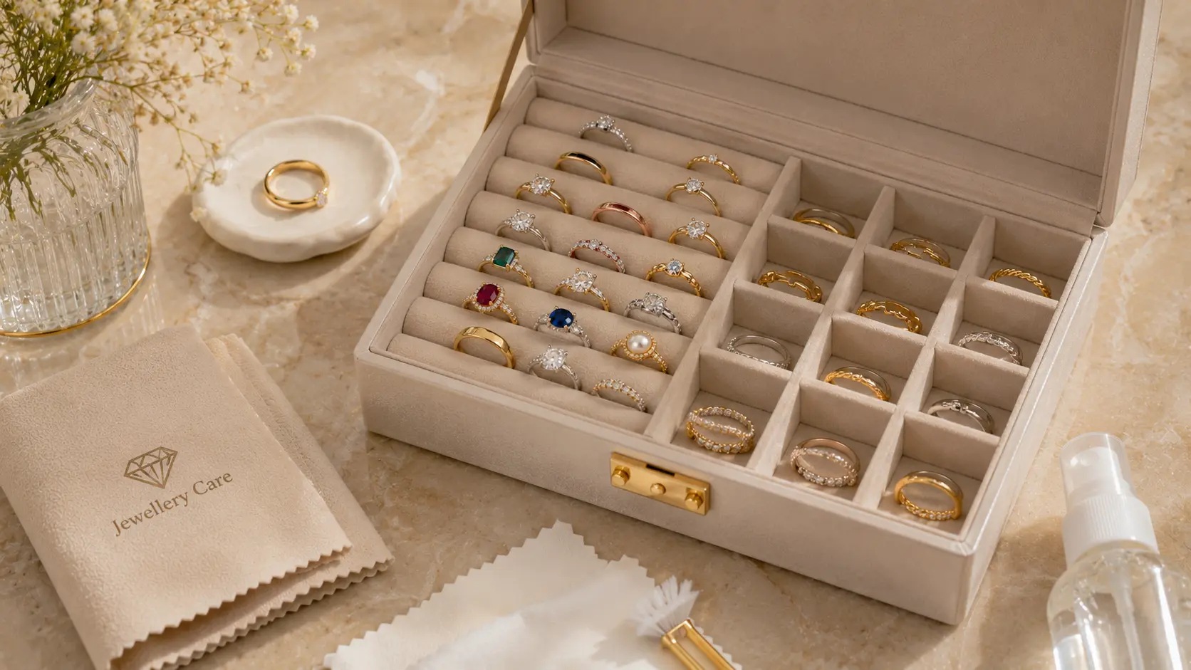 Best Rings for Girls in Pakistan: Simple and Fancy Styles 7 Rings stored carefully with cleaning cloth and accessories to maintain shine and quality