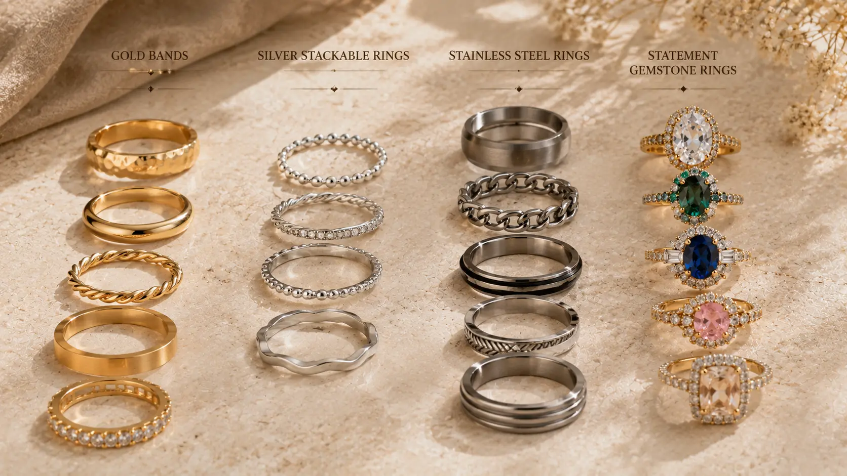 Best Rings for Women in Pakistan: Casual & Fancy Styles 7 Comparison of gold silver stainless steel and statement rings displayed for pricing and style evaluation