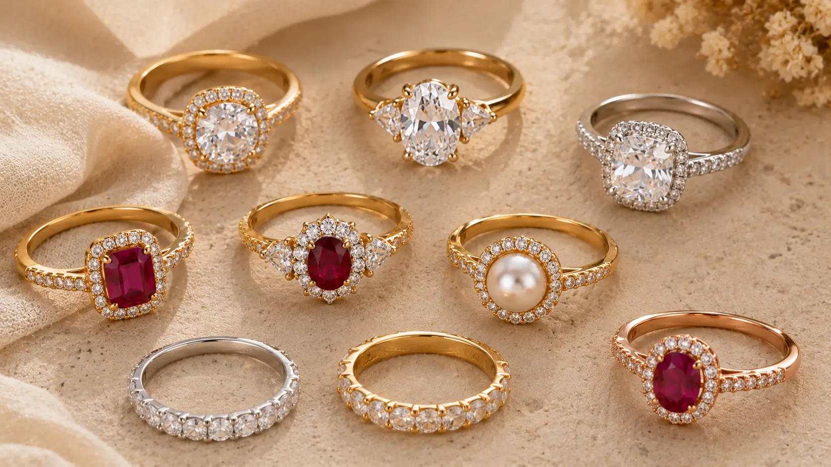 Best Rings for Girls in Pakistan: Simple and Fancy Styles 4 Cubic zirconia moissanite ruby and pearl look rings displayed with detailed settings