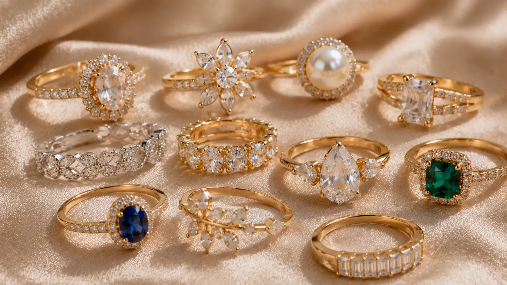 Best Rings for Women in Pakistan: Casual & Fancy Styles 3 Rings featuring cubic zirconia moissanite gemstones and pearl designs arranged in editorial style