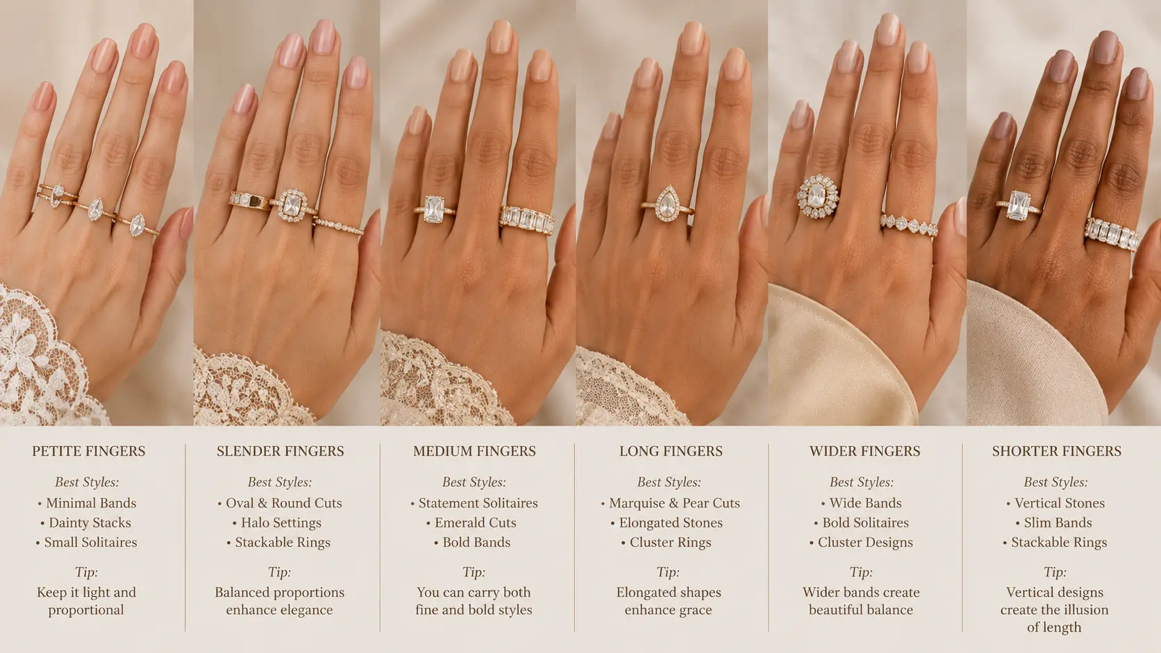 Best Rings for Women in Pakistan: Casual & Fancy Styles 5 Different ring styles displayed on various finger shapes for balanced jewellery styling guidance
