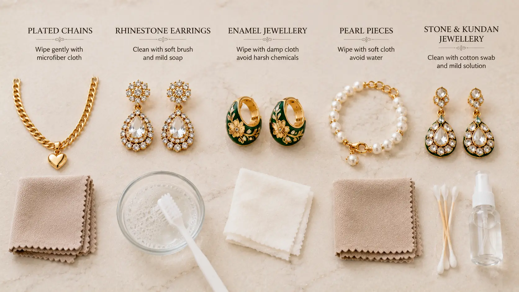 How to Clean Artificial Jewellery at Home Safely 7 Different artificial jewellery types displayed with suitable gentle cleaning tools for safe maintenance