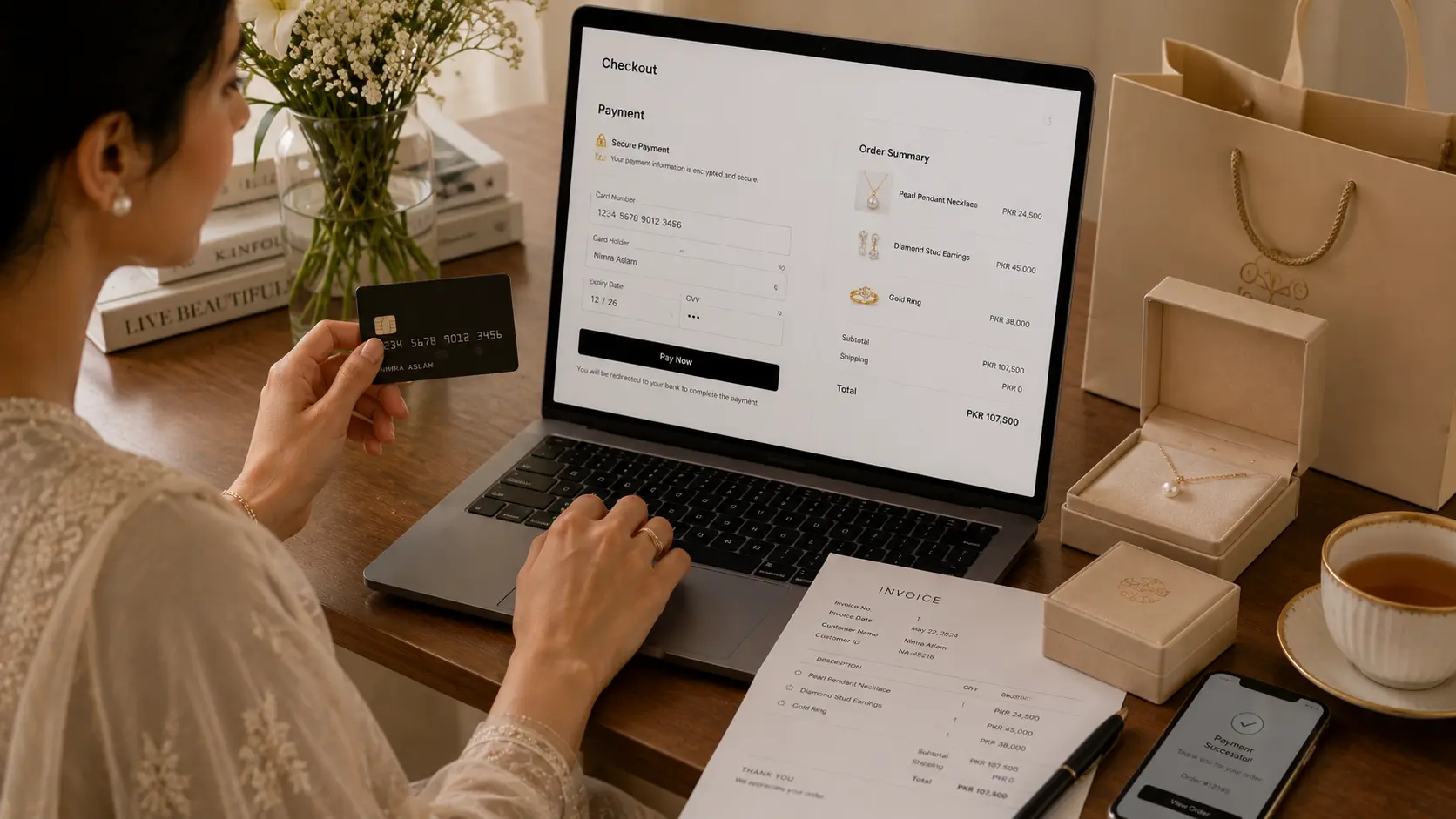 Online Jewellery Shopping Mistakes to Avoid in Pakistan 5 Secure jewellery payment setup with invoice bank card and online checkout process