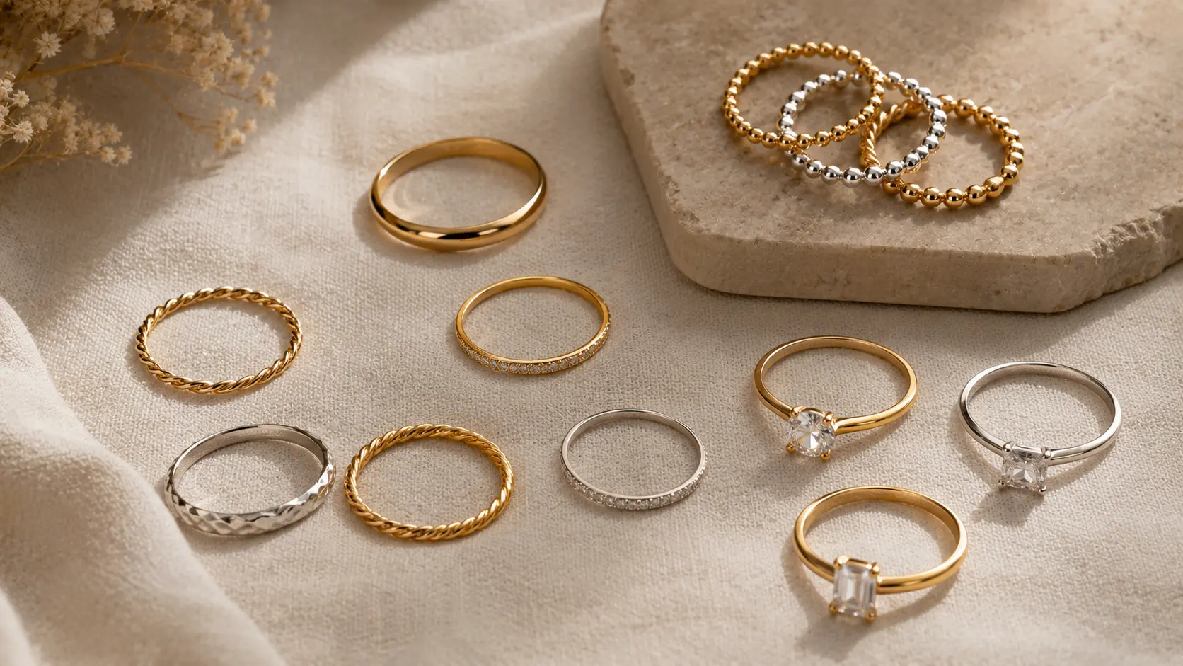Best Rings for Girls in Pakistan: Simple and Fancy Styles 2 Minimal bands stackable rings and solitaire style rings displayed in elegant flat lay