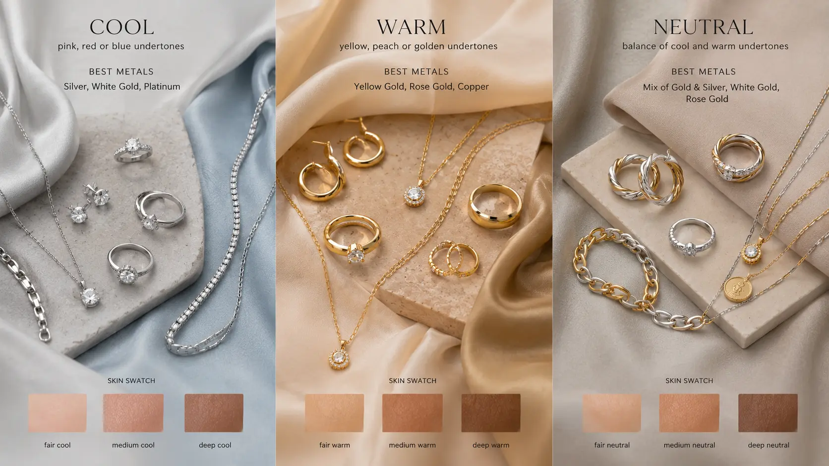 How to Choose Jewelry That Matches Your Skin Tone? 4 Jewelry combinations for cool warm and neutral undertones displayed in organized editorial comparison