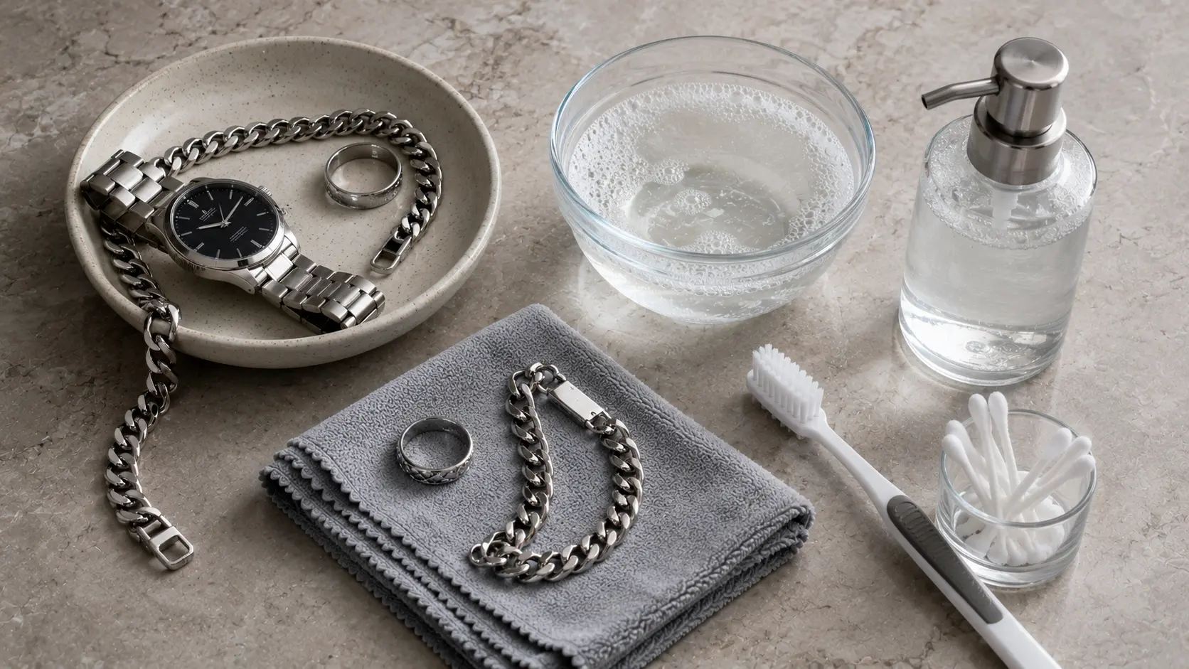 How to Clean Stainless Steel Jewelry and Keep It Shiny for Longer? 2 Stainless steel jewelry cleaning supplies arranged neatly on neutral background for safe home cleaning