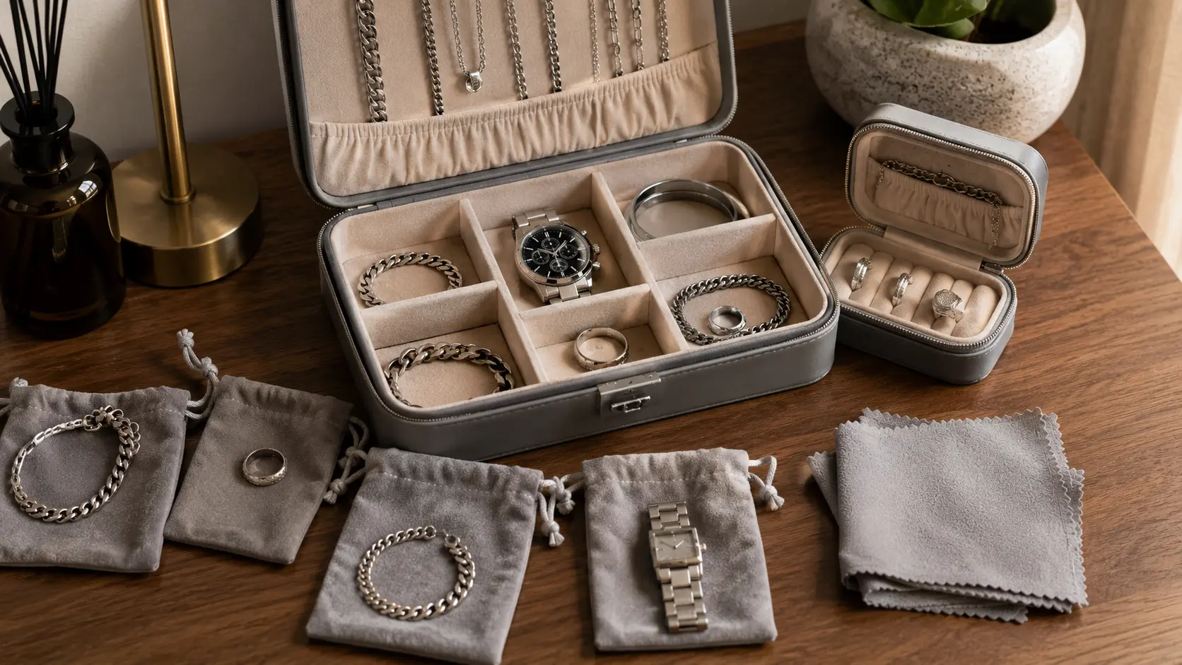 How to Clean Stainless Steel Jewelry and Keep It Shiny for Longer? 5 Stainless steel jewelry stored safely in separate pouches to maintain shine and prevent scratches