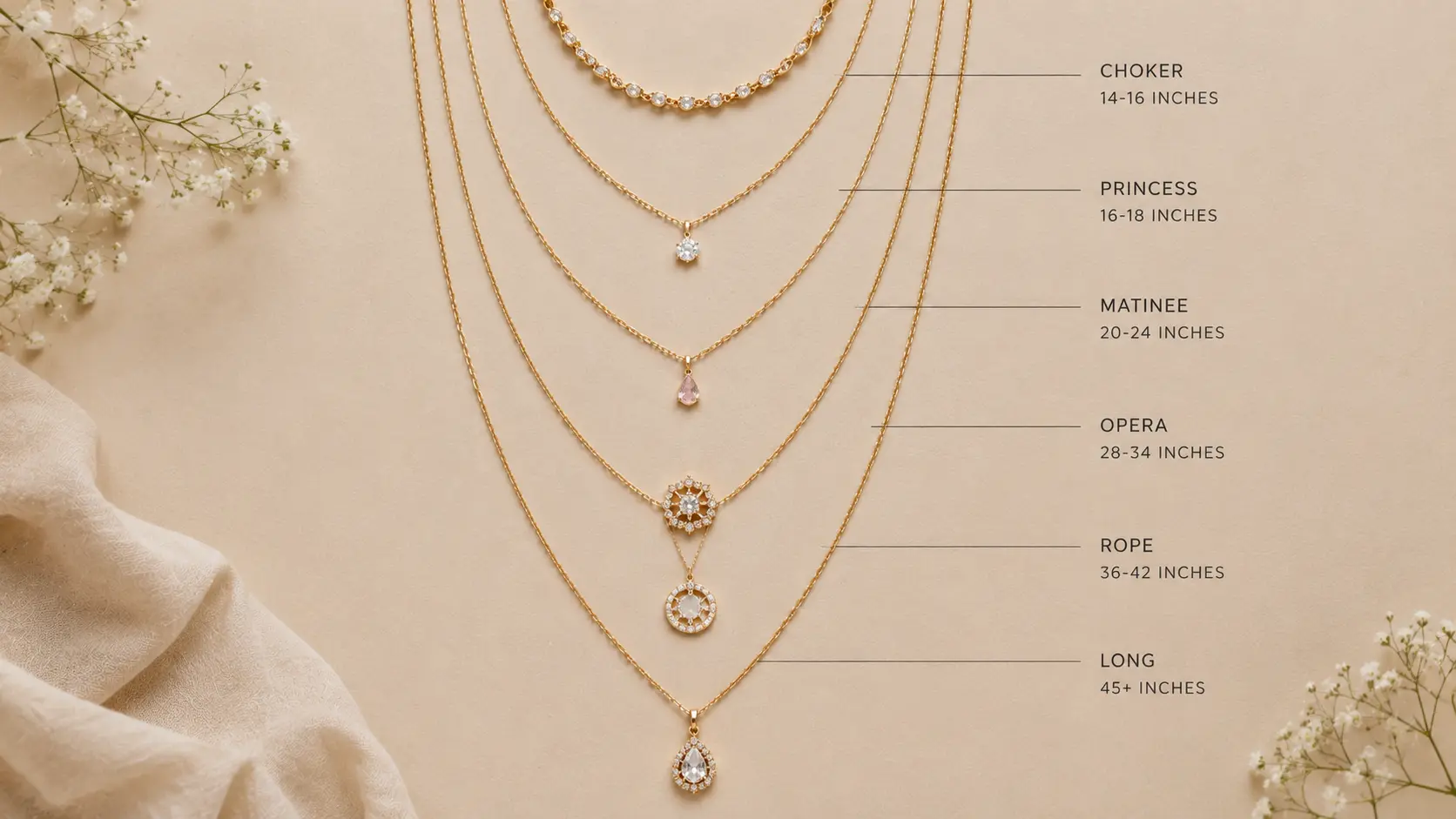 How to Choose the Right Necklace Length for Your Neckline? 2 Necklace lengths from short chokers to long pendant chains displayed in organized flat lay
