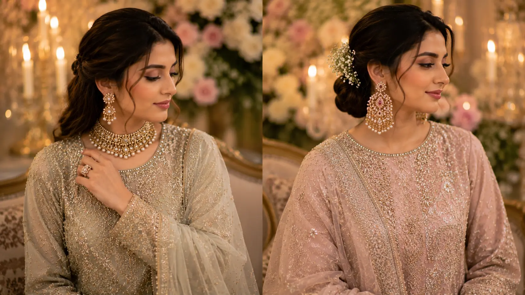How to Choose Jewellery for a Pakistani Engagement Look? 3 Statement choker styling and bold earring styling compared for engagement jewellery balance