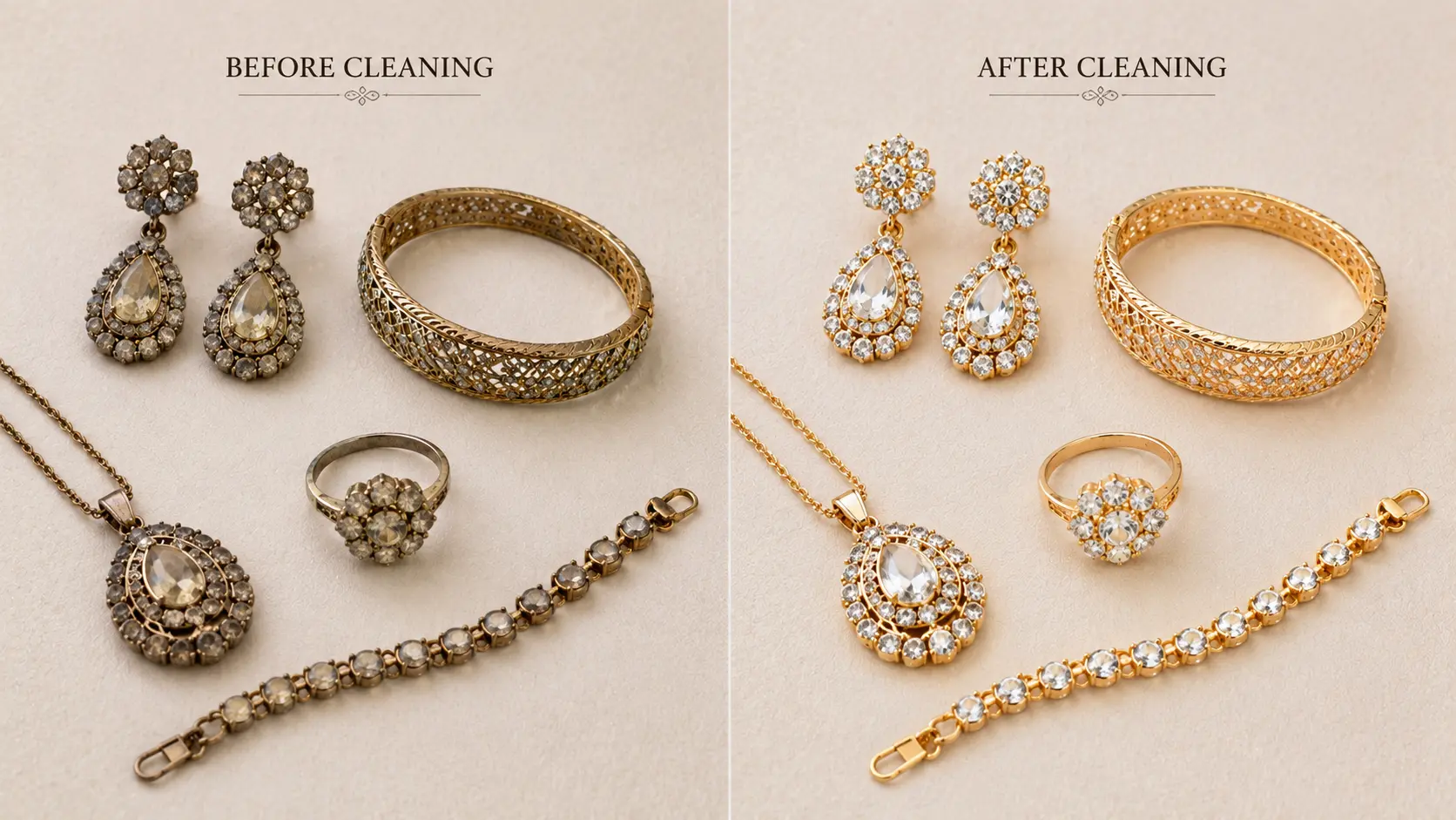 How to Clean Artificial Jewellery at Home Safely 5 Comparison of tarnished artificial jewellery and restored cleaned jewellery with improved shine