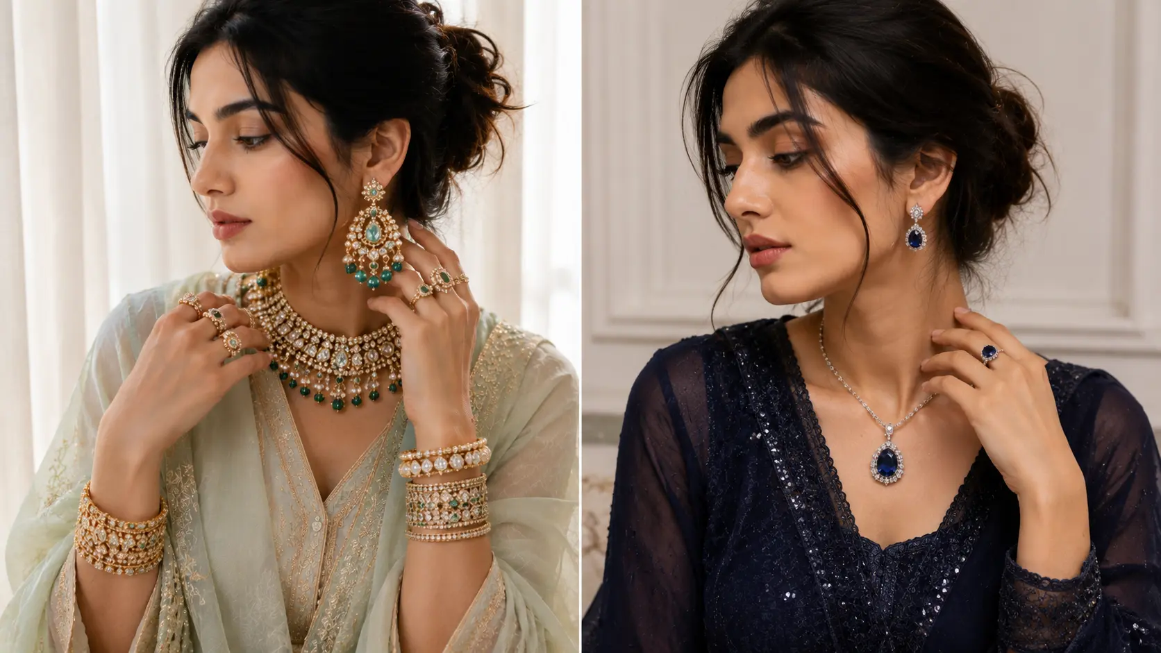 Common Jewellery Mistakes That Make Your Outfit Look Overdone 2 Comparison of excessive statement jewellery styling and balanced single focal piece styling