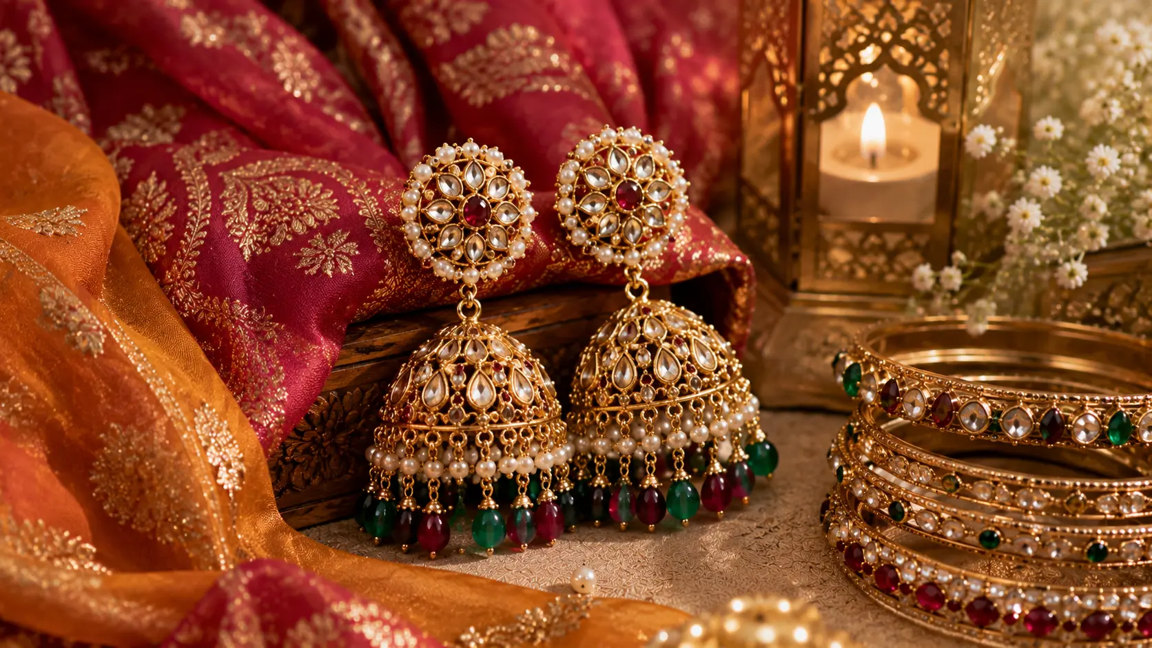 Best Eid Jewellery in Pakistan: Earrings, Bangles & Necklace Sets 3 Traditional Pakistani jhumka earrings styled with colorful festive Eid accessories and fabric