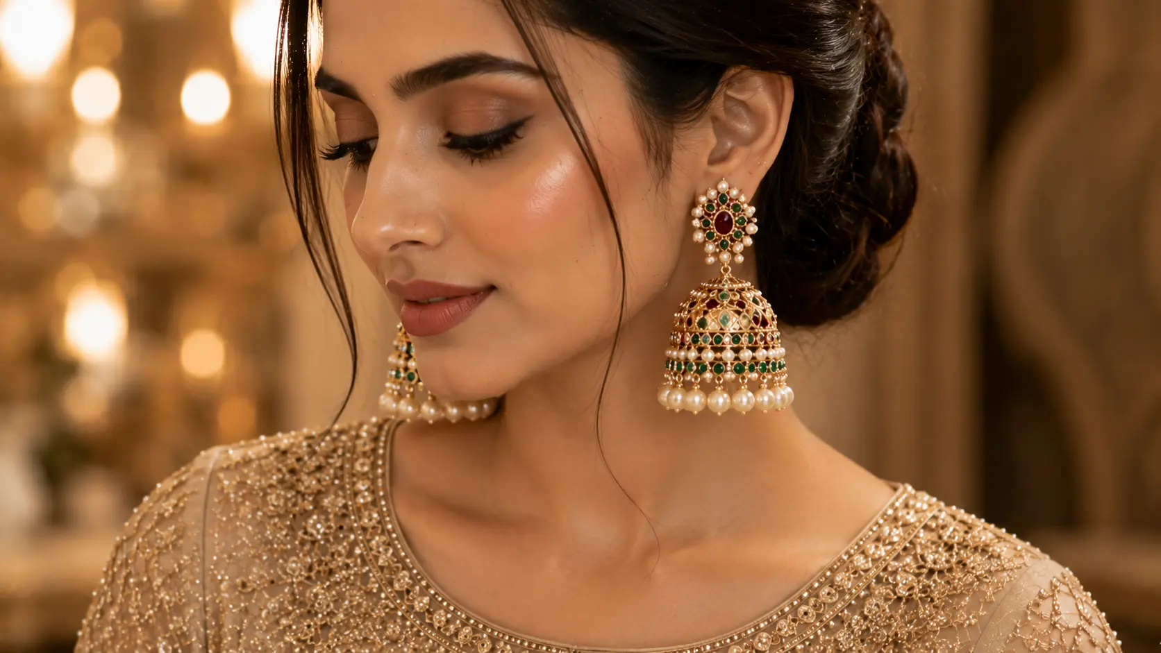 Jhumka Earrings vs Drop Earrings: Which Style Should You Choose? 2 Pakistani woman wearing traditional bell-shaped jhumka earrings with festive attire
