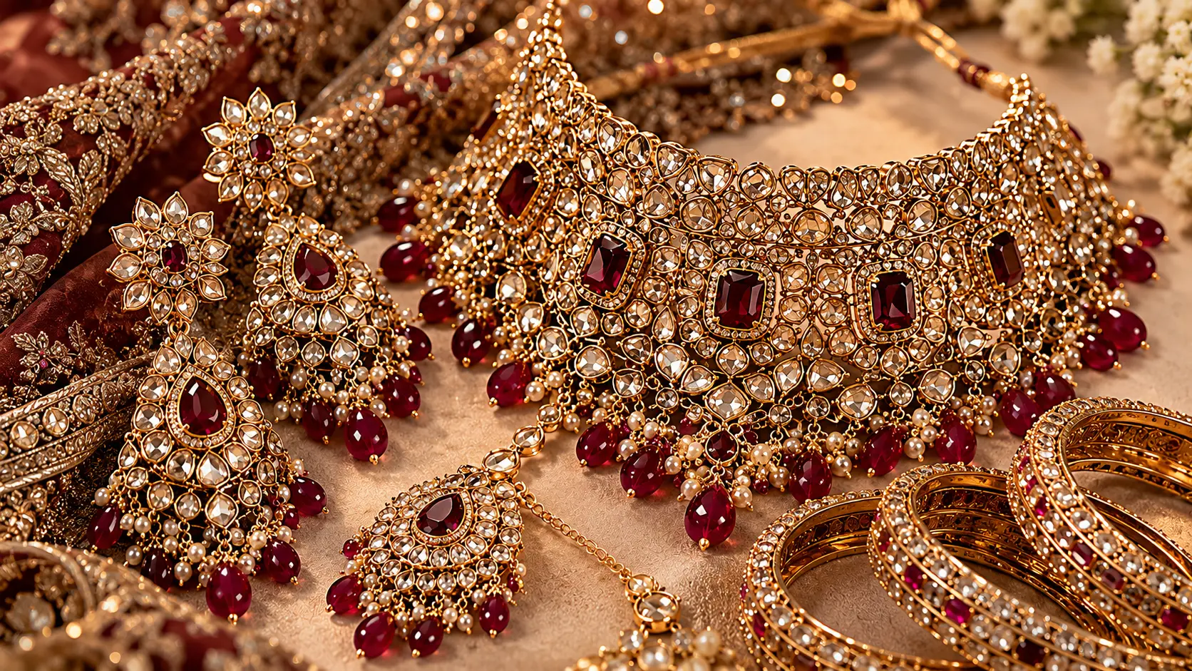 Bridal Jewellery Set in Pakistan: Mehndi to Walima Guide 3 Detailed close-up of traditional kundan and polki bridal jewellery with matte gold finish and gemstones